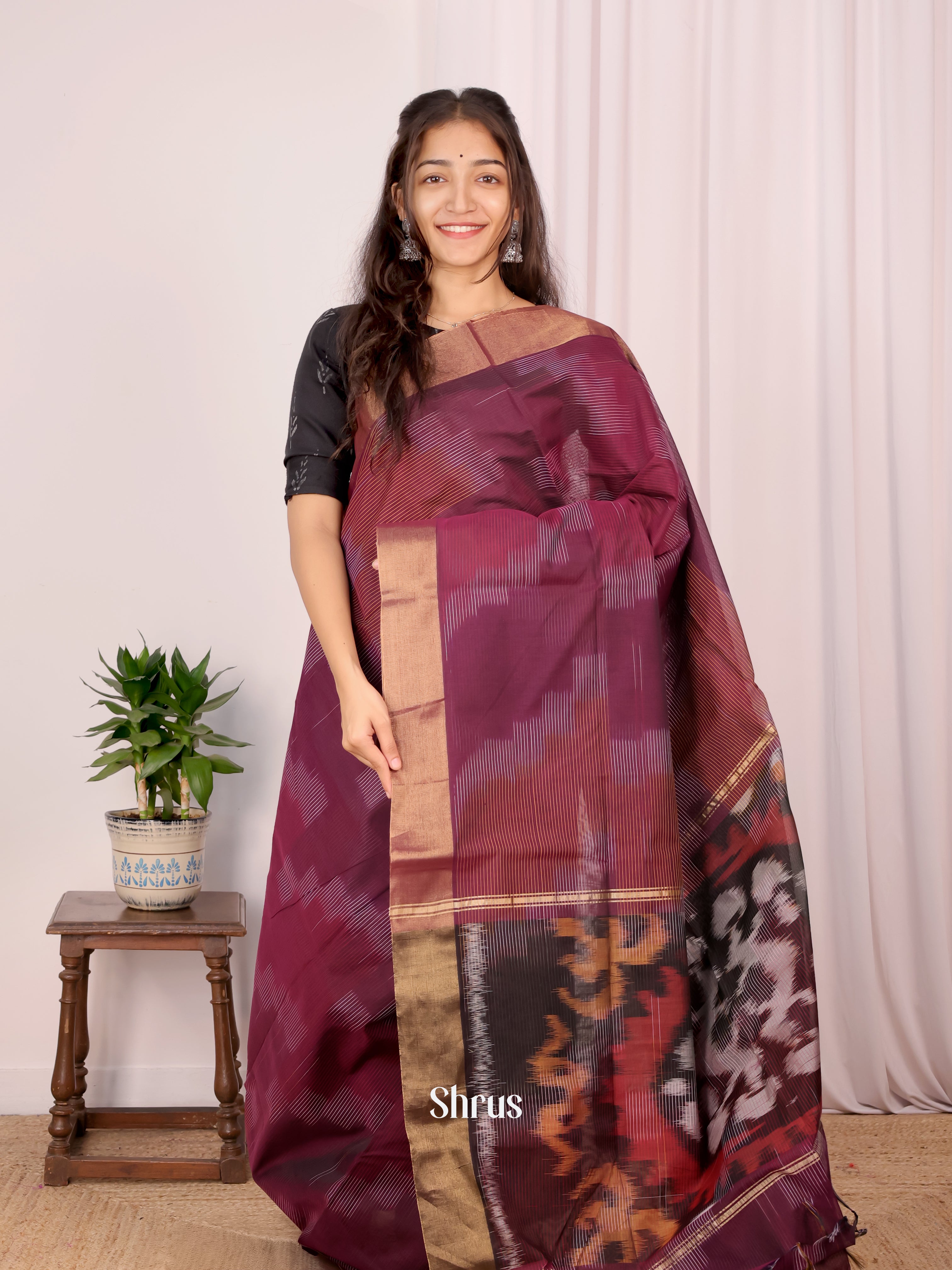 Dark Purple & Brown- Ikkat Kora Saree - Shop on Shrus.com
