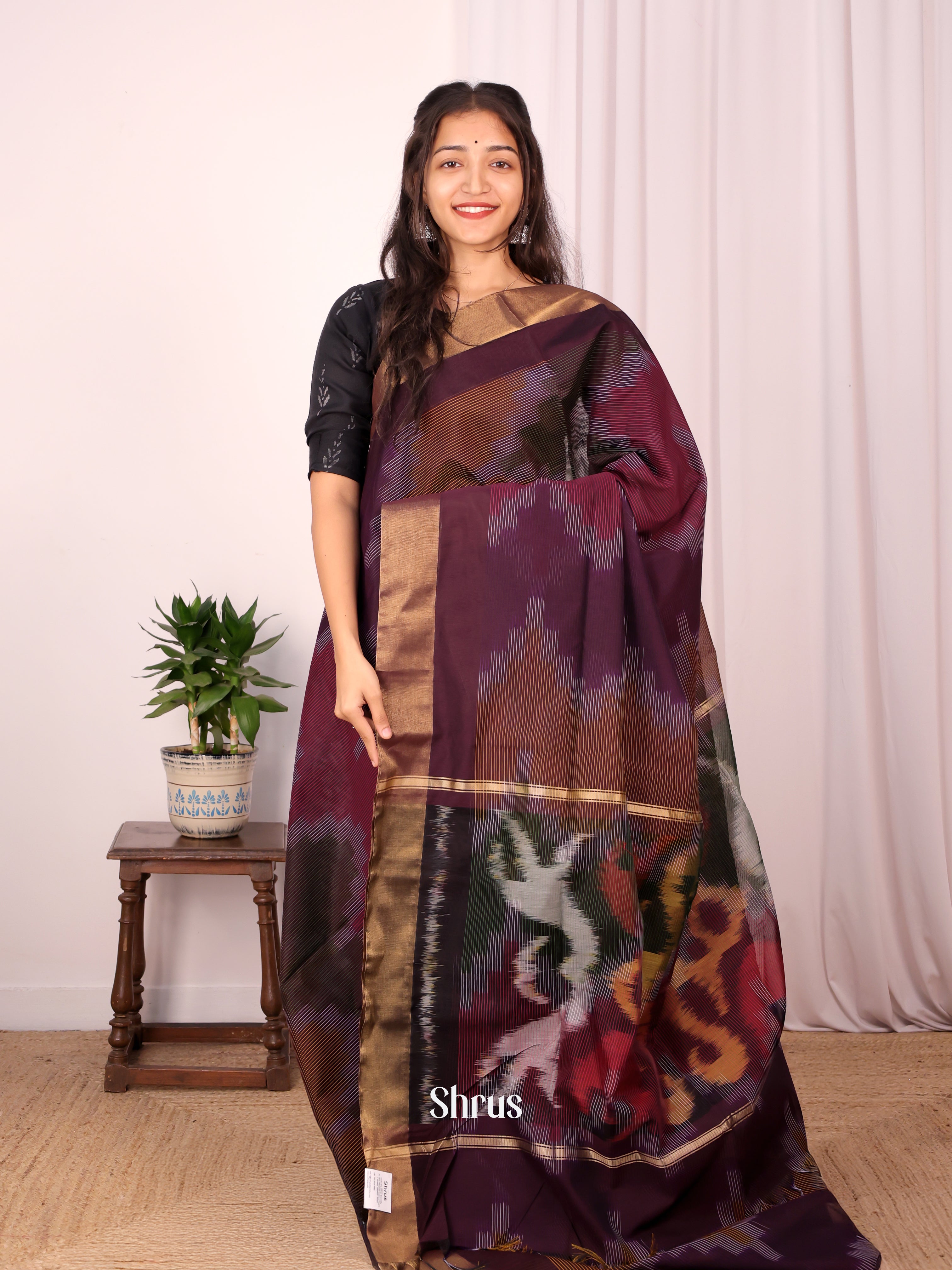 Brown - Ikkat Kora Saree - Shop on Shrus.com
