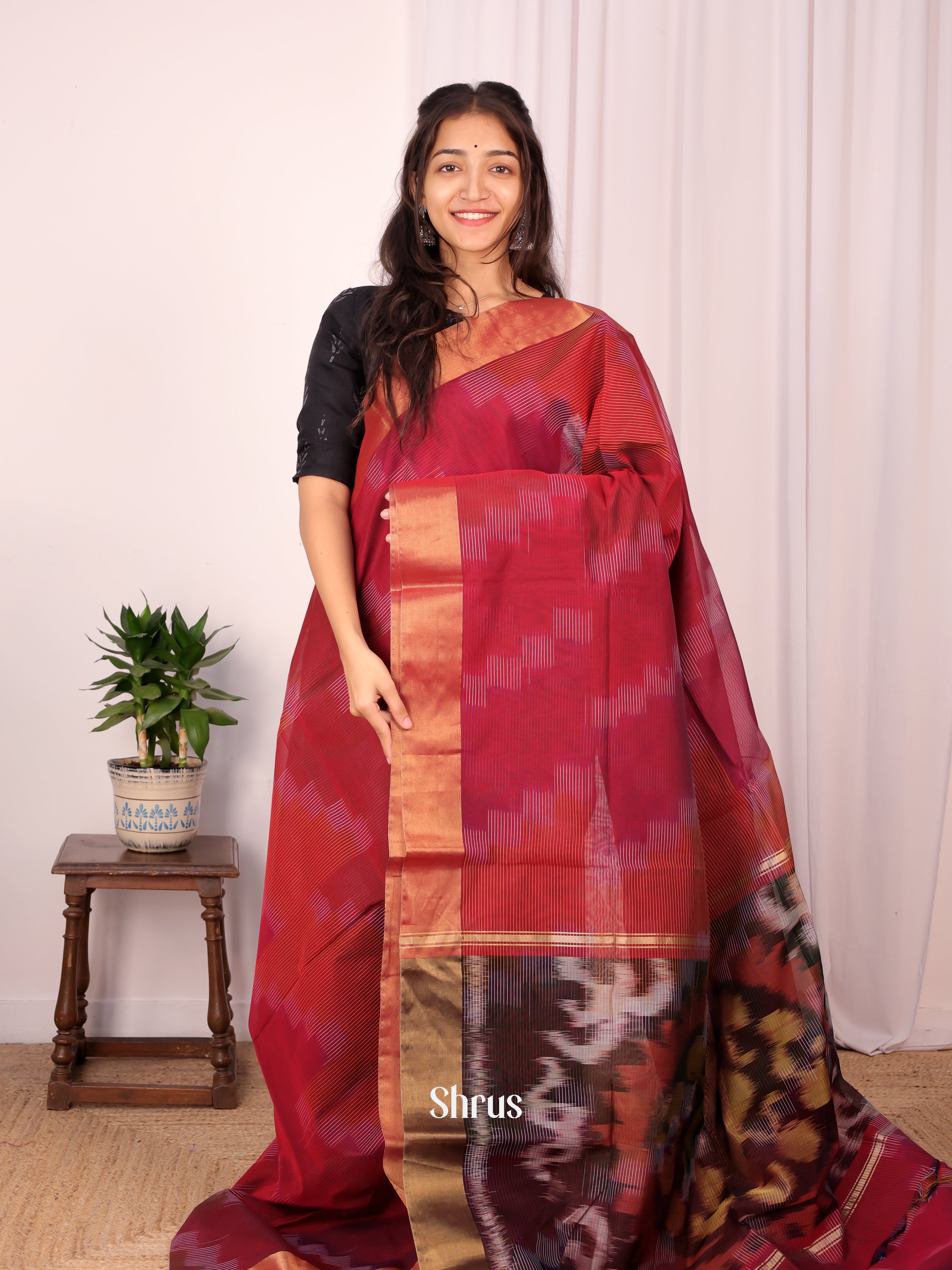 Maroon - Ikkat Kora Saree - Shop on Shrus.com