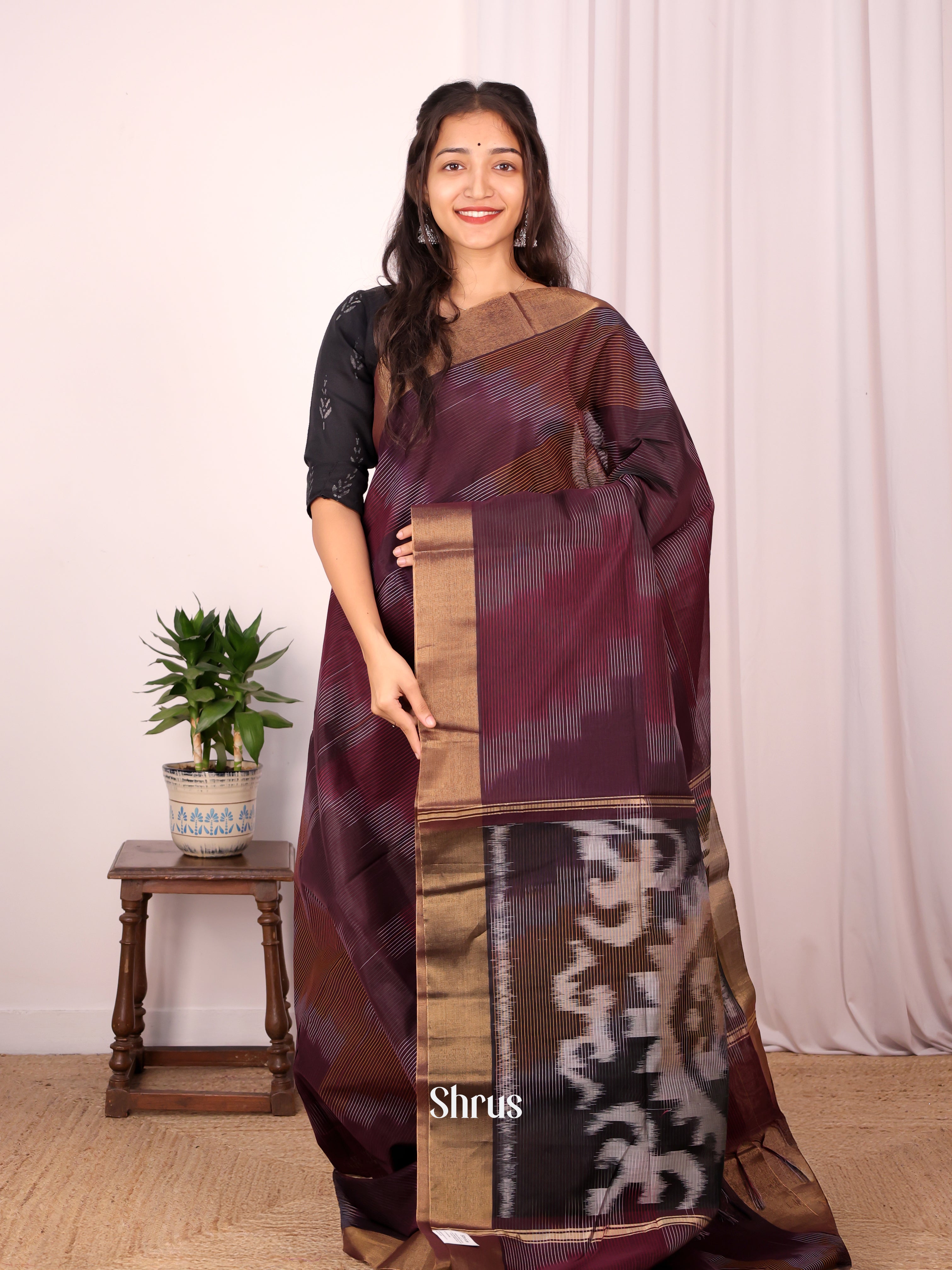 Brown - Ikkat Kora Saree - Shop on Shrus.com