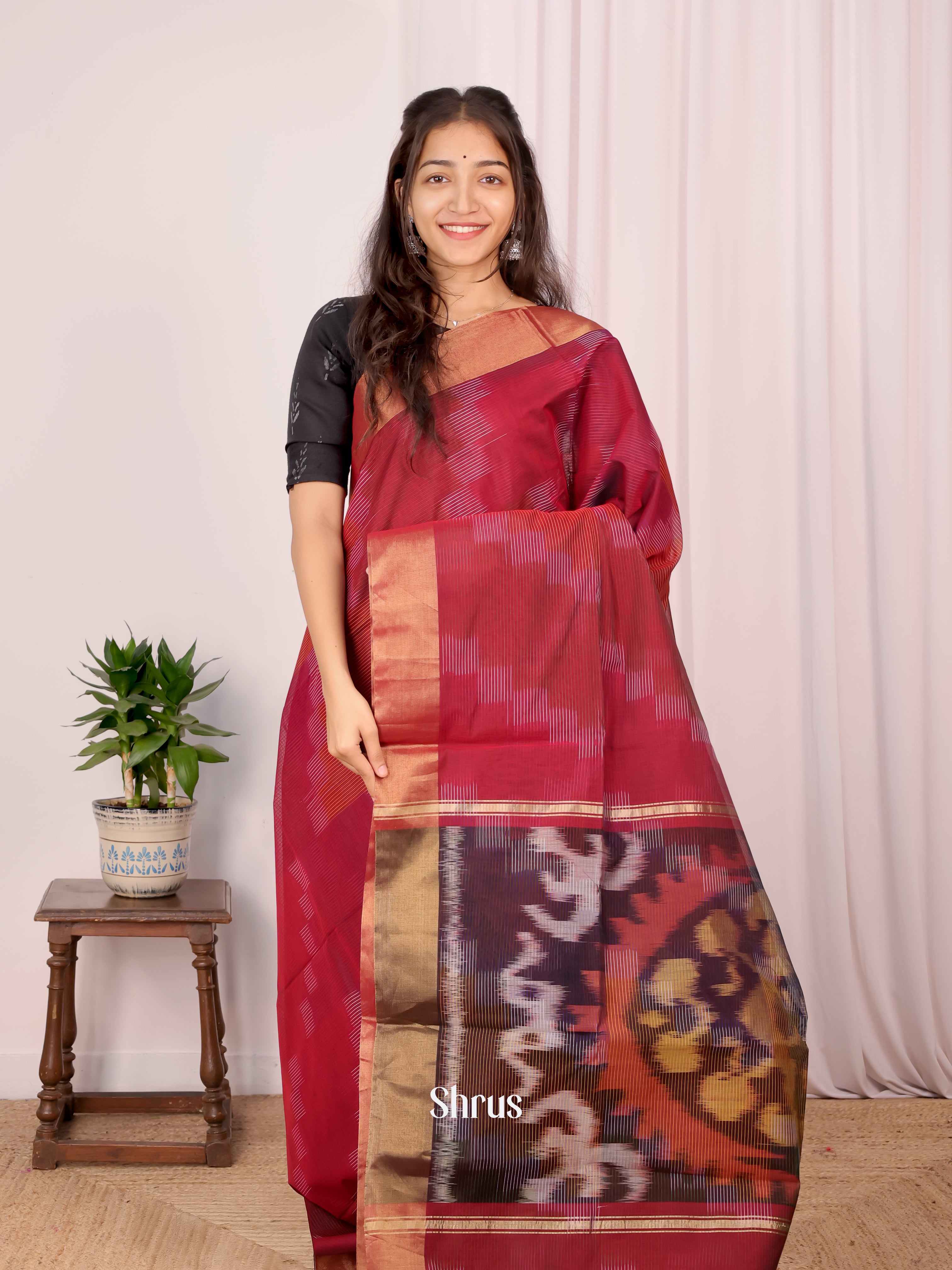 Maroon- Ikkat Kora Saree - Shop on Shrus.com