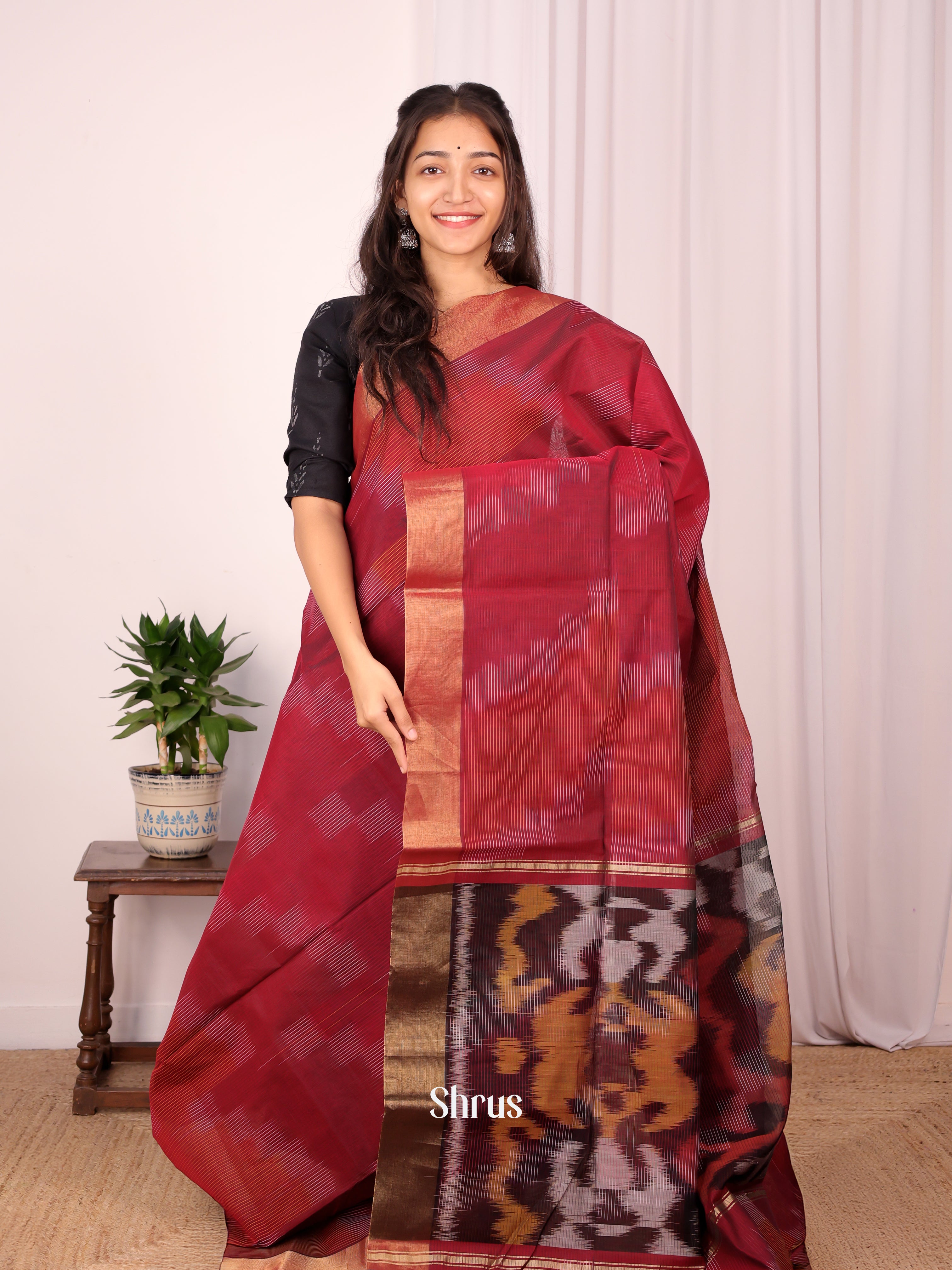 Maroon - Ikkat Kora Saree - Shop on Shrus.com