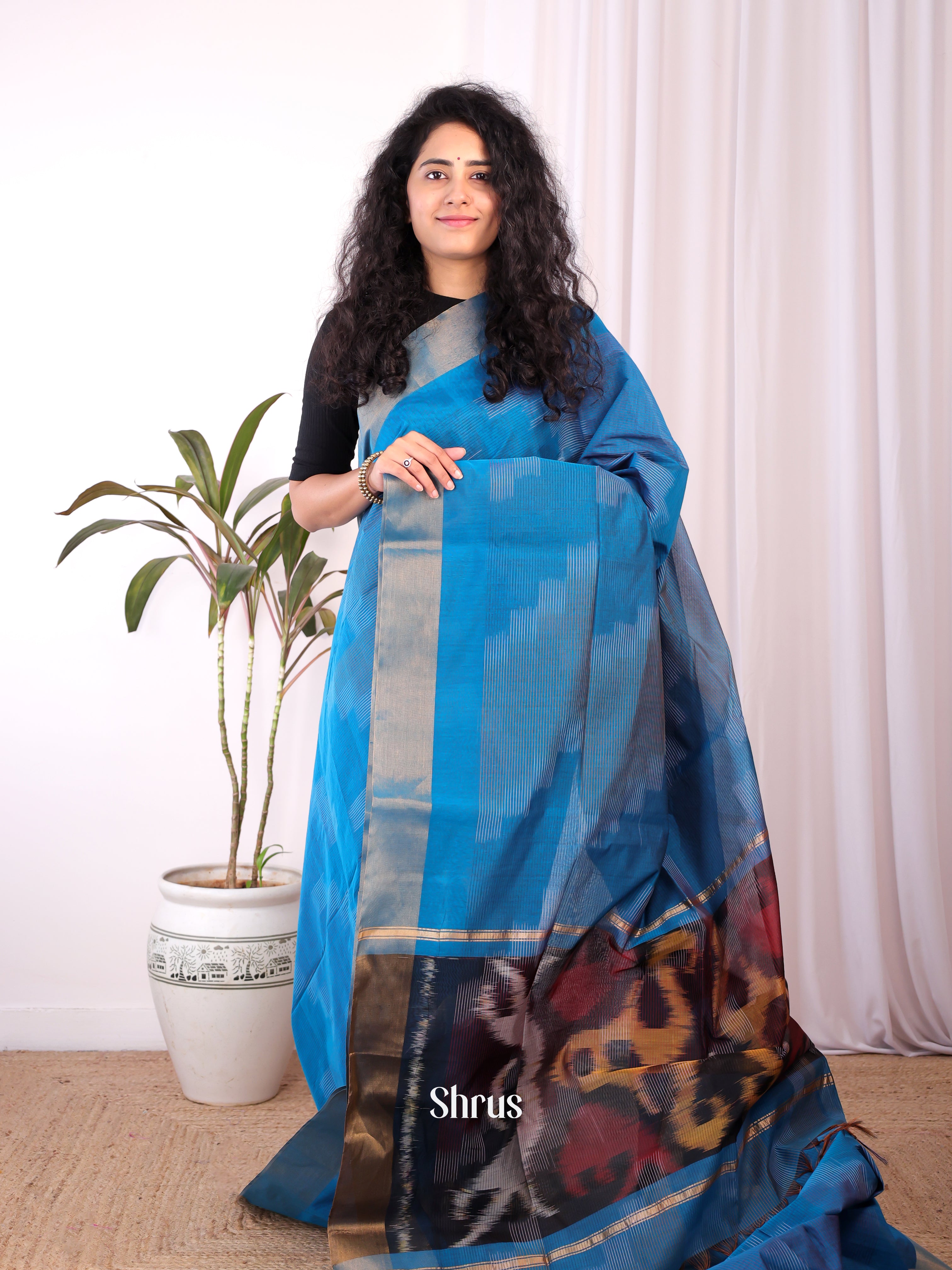 Blue - Ikkat Kora Saree - Shop on Shrus.com