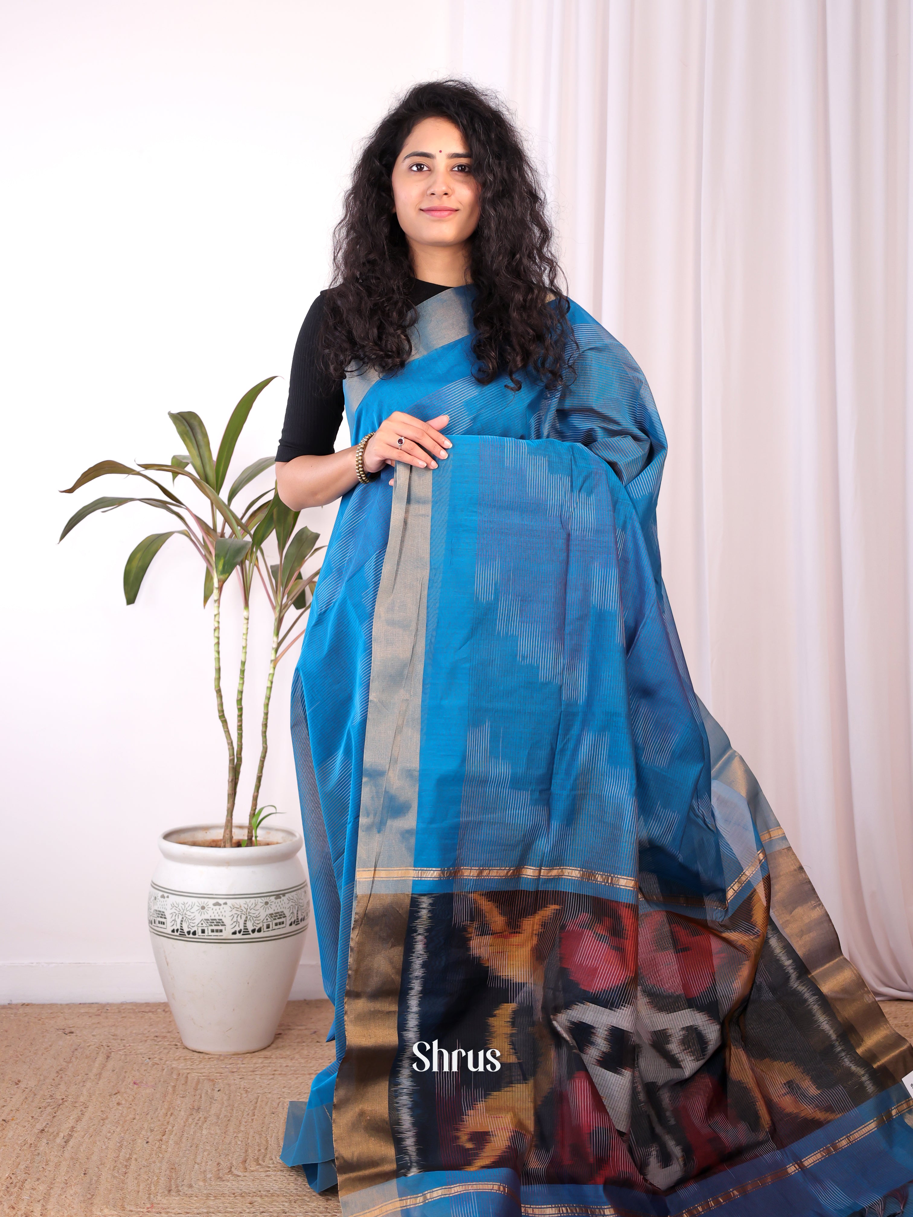 Blue- Ikkat Kora Saree - Shop on Shrus.com