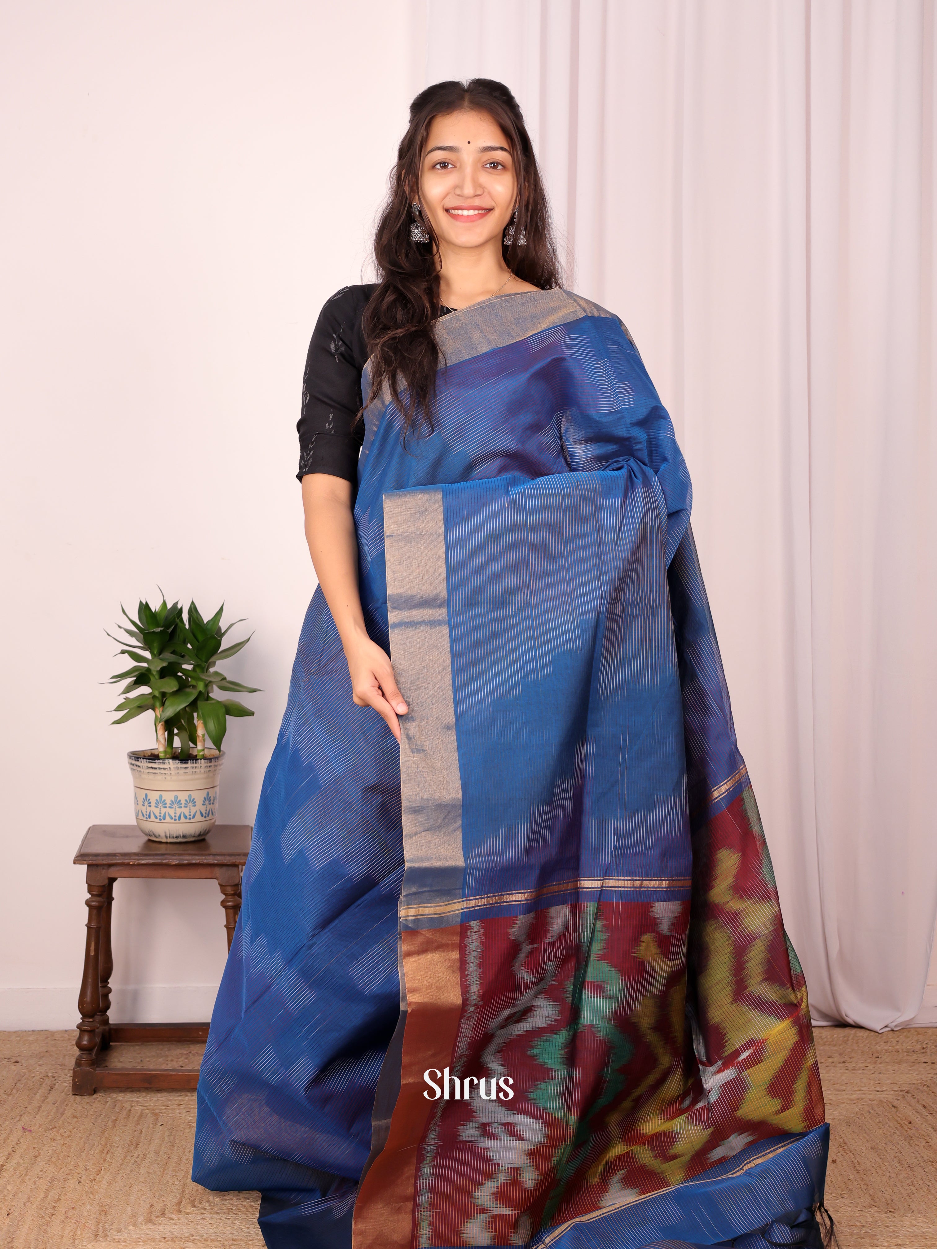 Blue & Maroon - Ikkat Kora Saree - Shop on Shrus.com