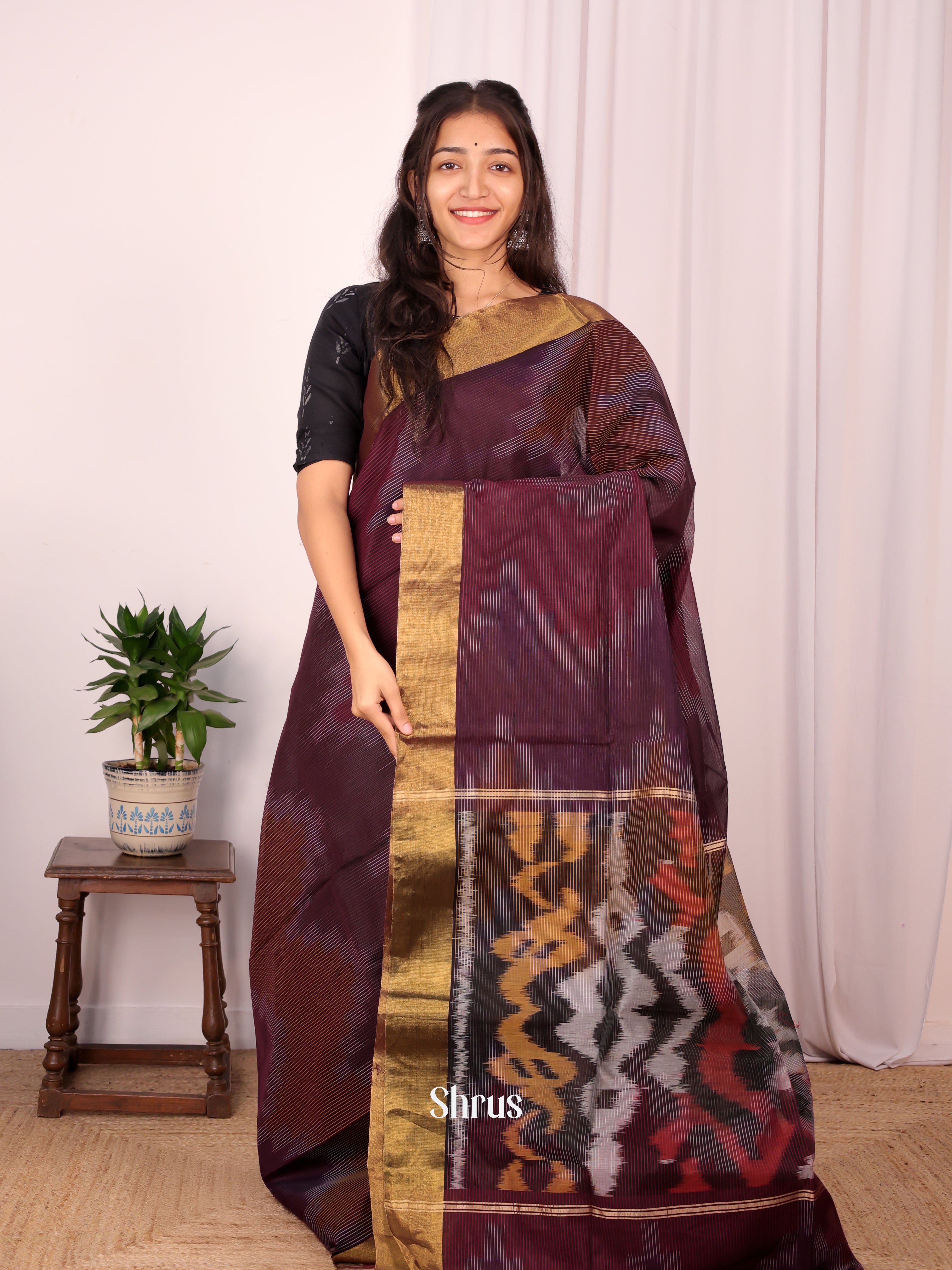 Dark Purple - Ikkat Kora Saree - Shop on Shrus.com
