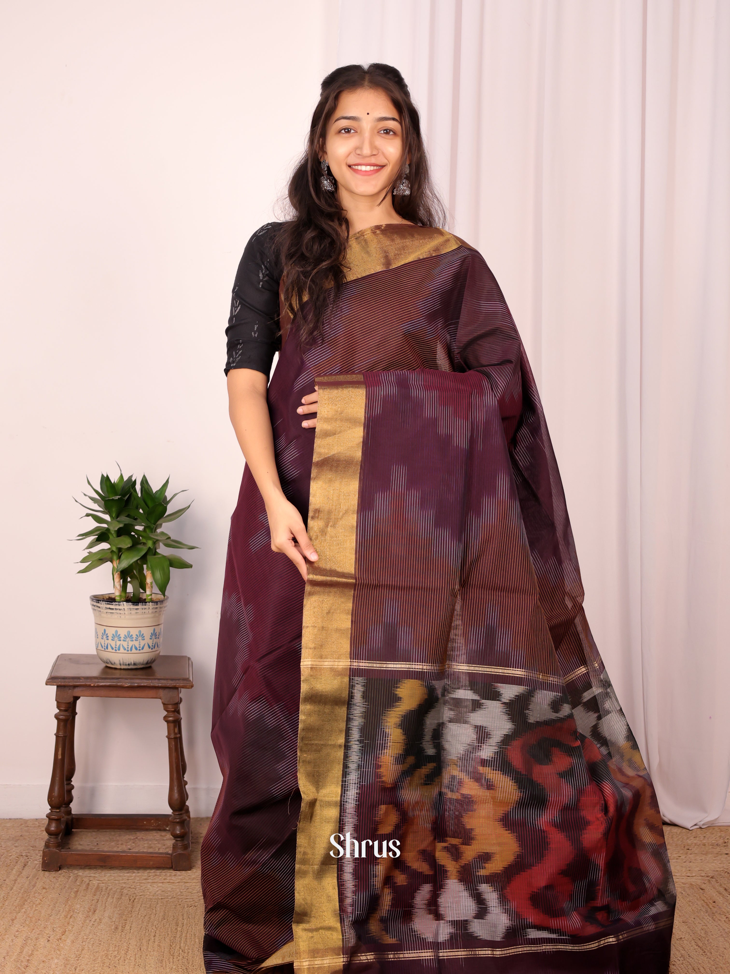 Brown - Ikkat Kora Saree - Shop on Shrus.com