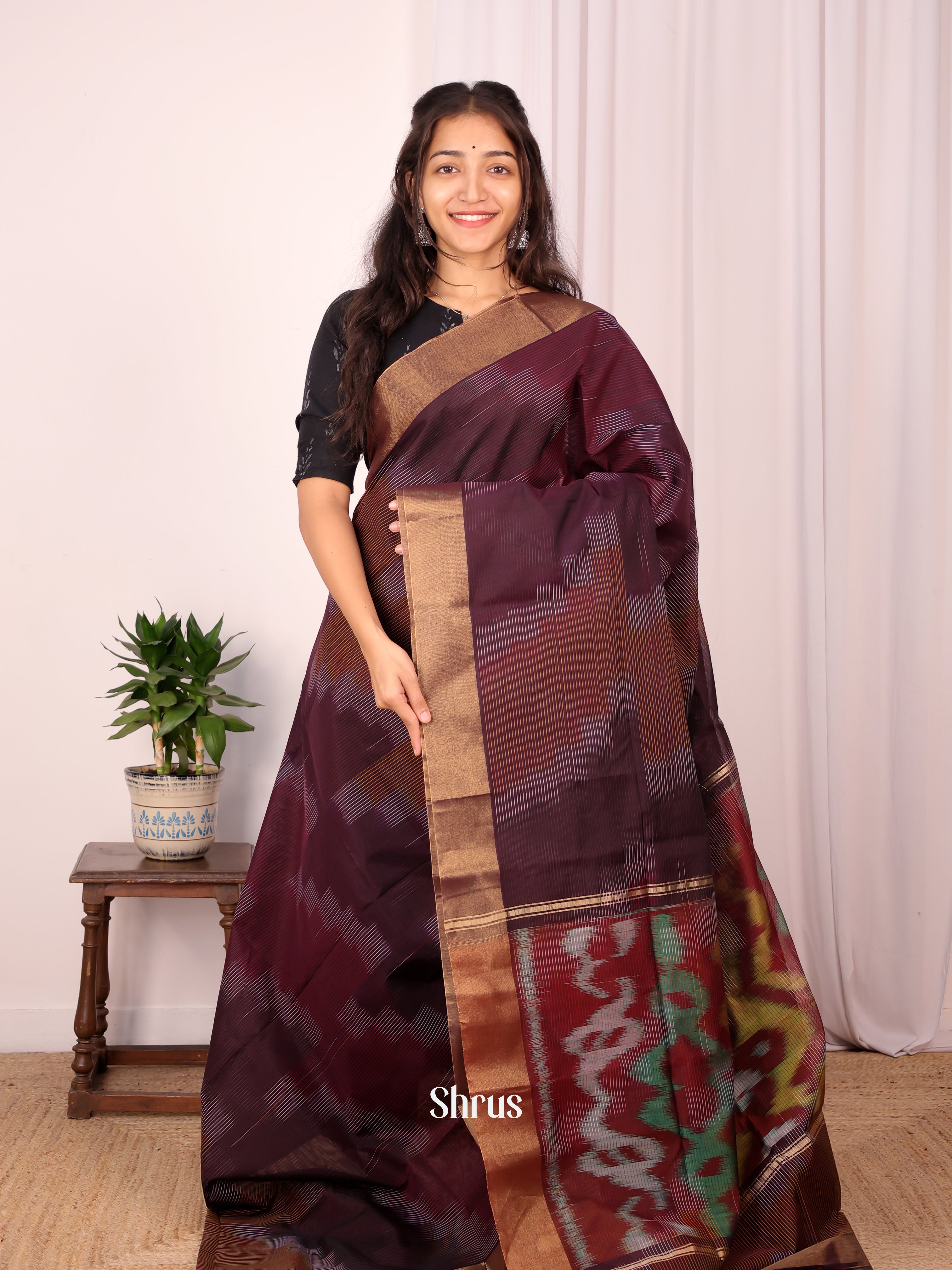 Brown - Ikkat Kora Saree - Shop on Shrus.com
