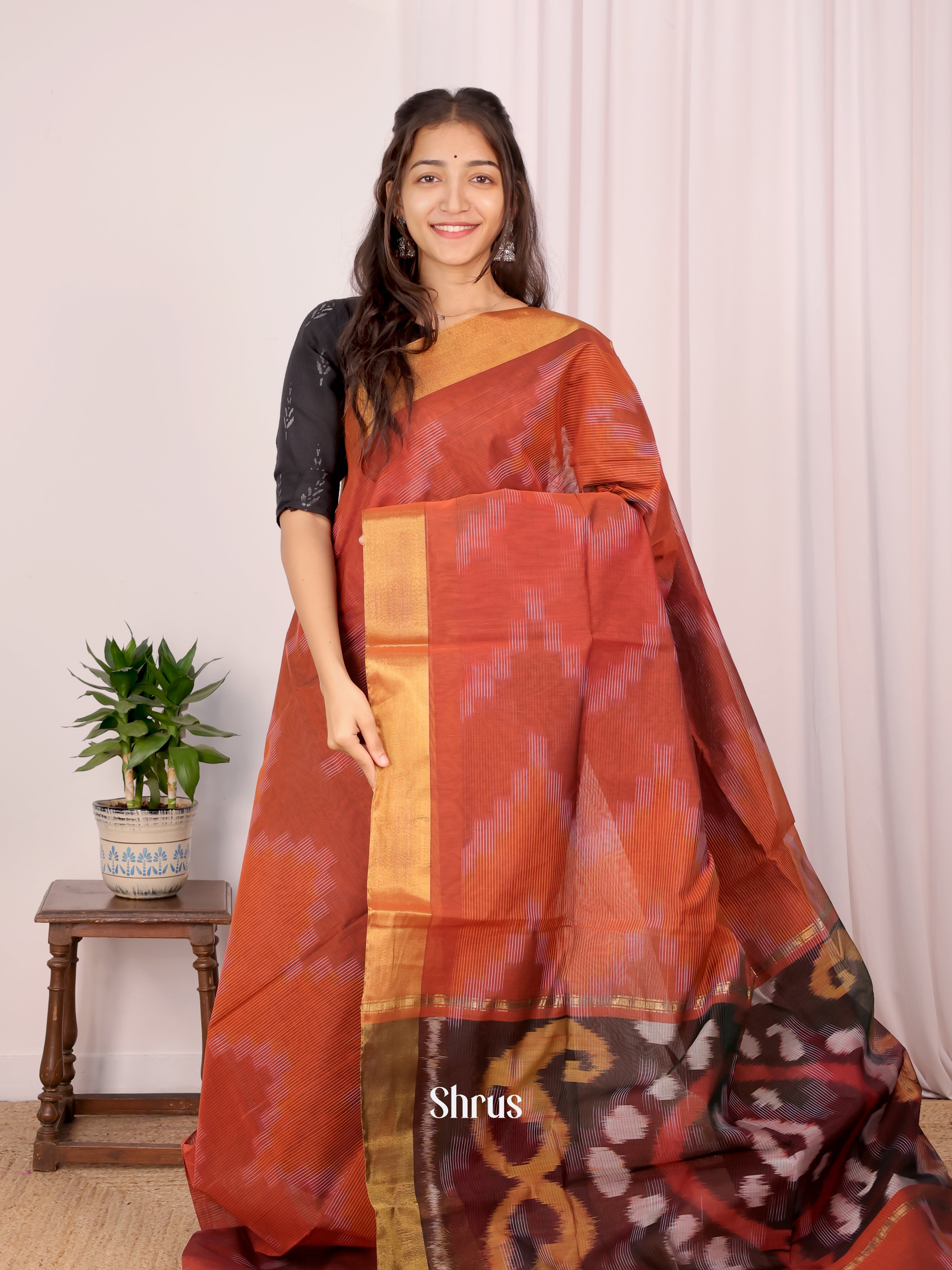 Brown- Ikkat Kora Saree - Shop on Shrus.com