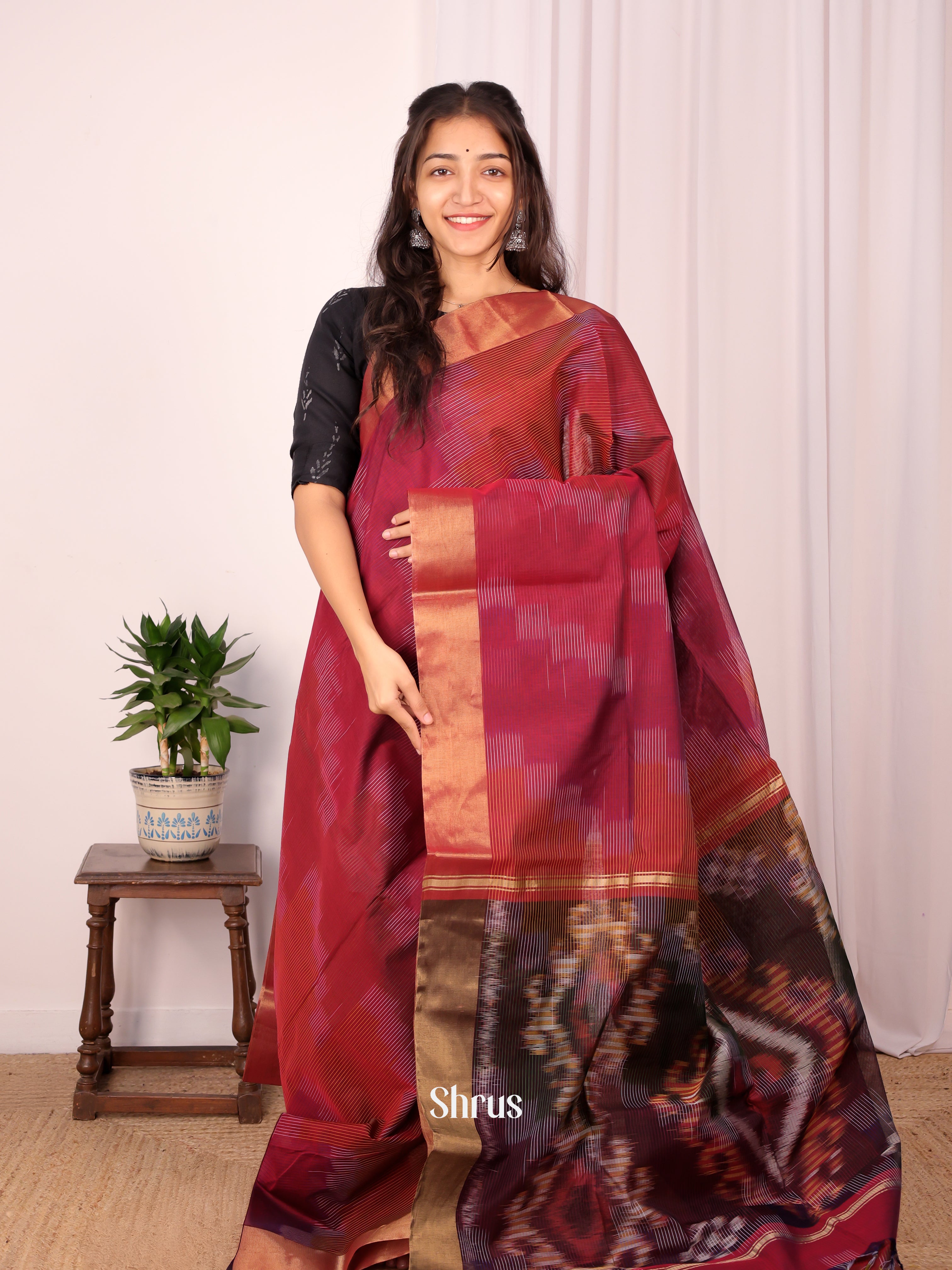 Maroon - Ikkat Kora Saree - Shop on Shrus.com