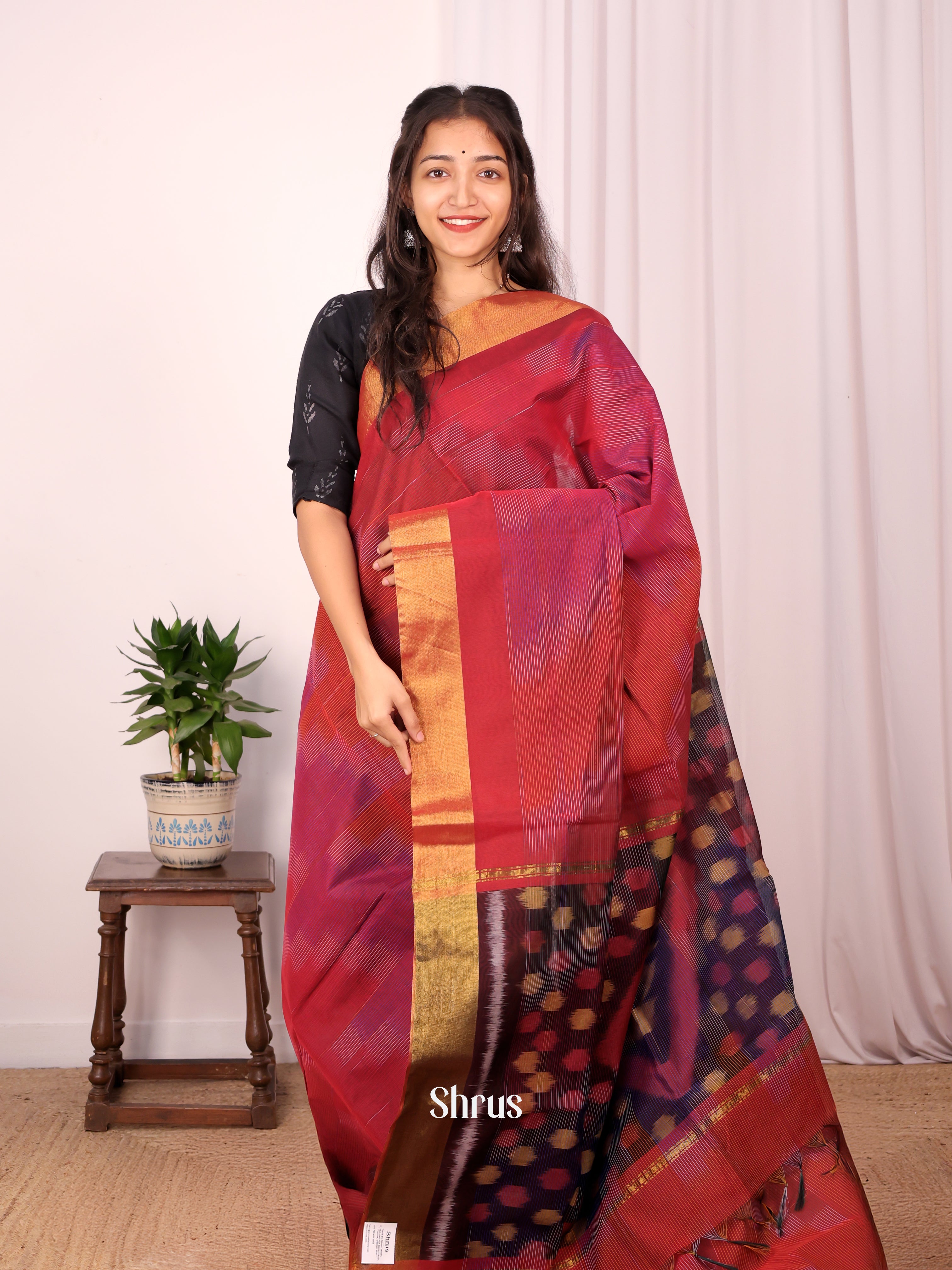Red - Ikkat Kora Saree - Shop on Shrus.com