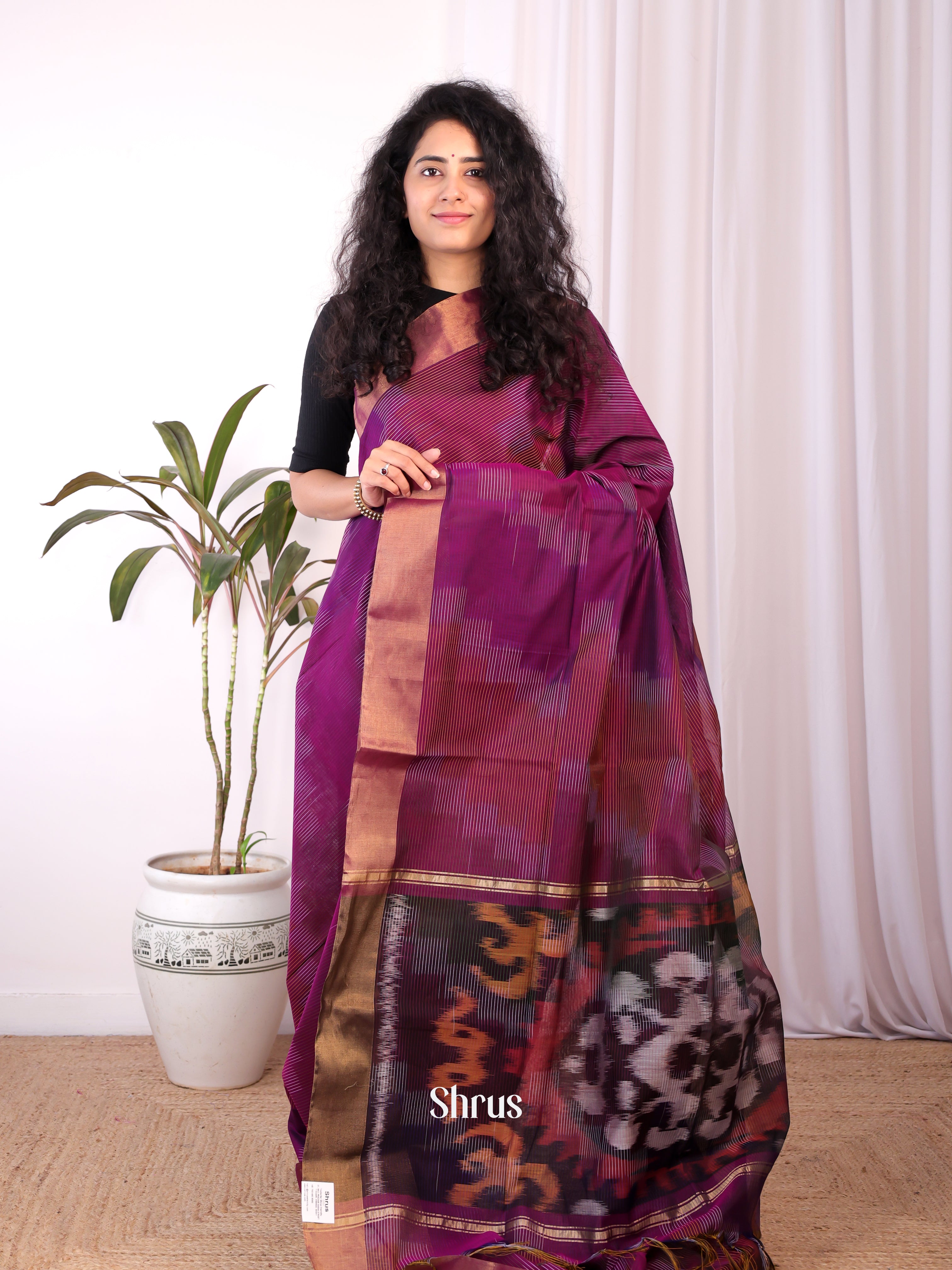 Purple - Ikkat Kora Saree - Shop on Shrus.com