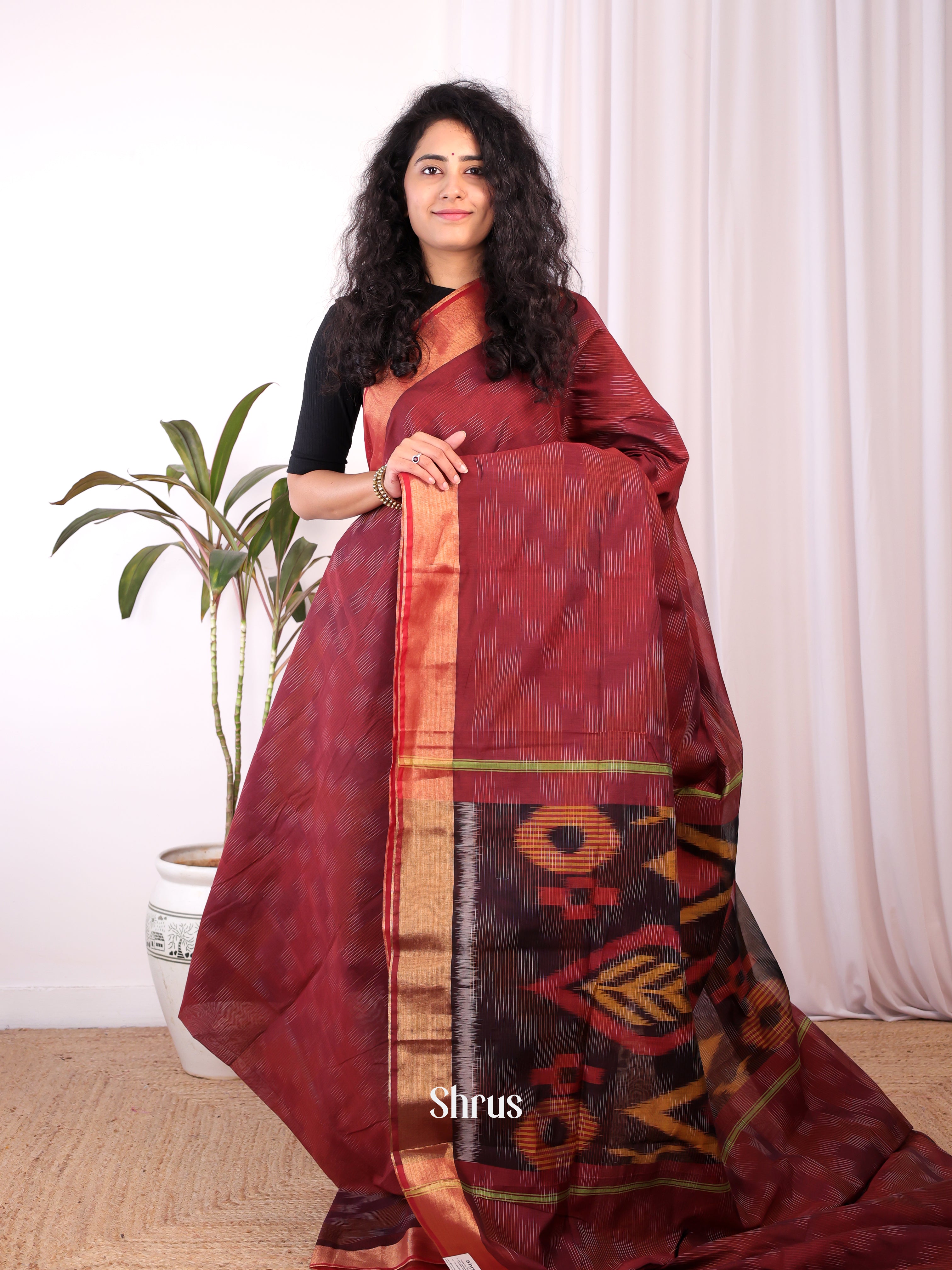 Maroon - Ikkat Kora Saree - Shop on Shrus.com