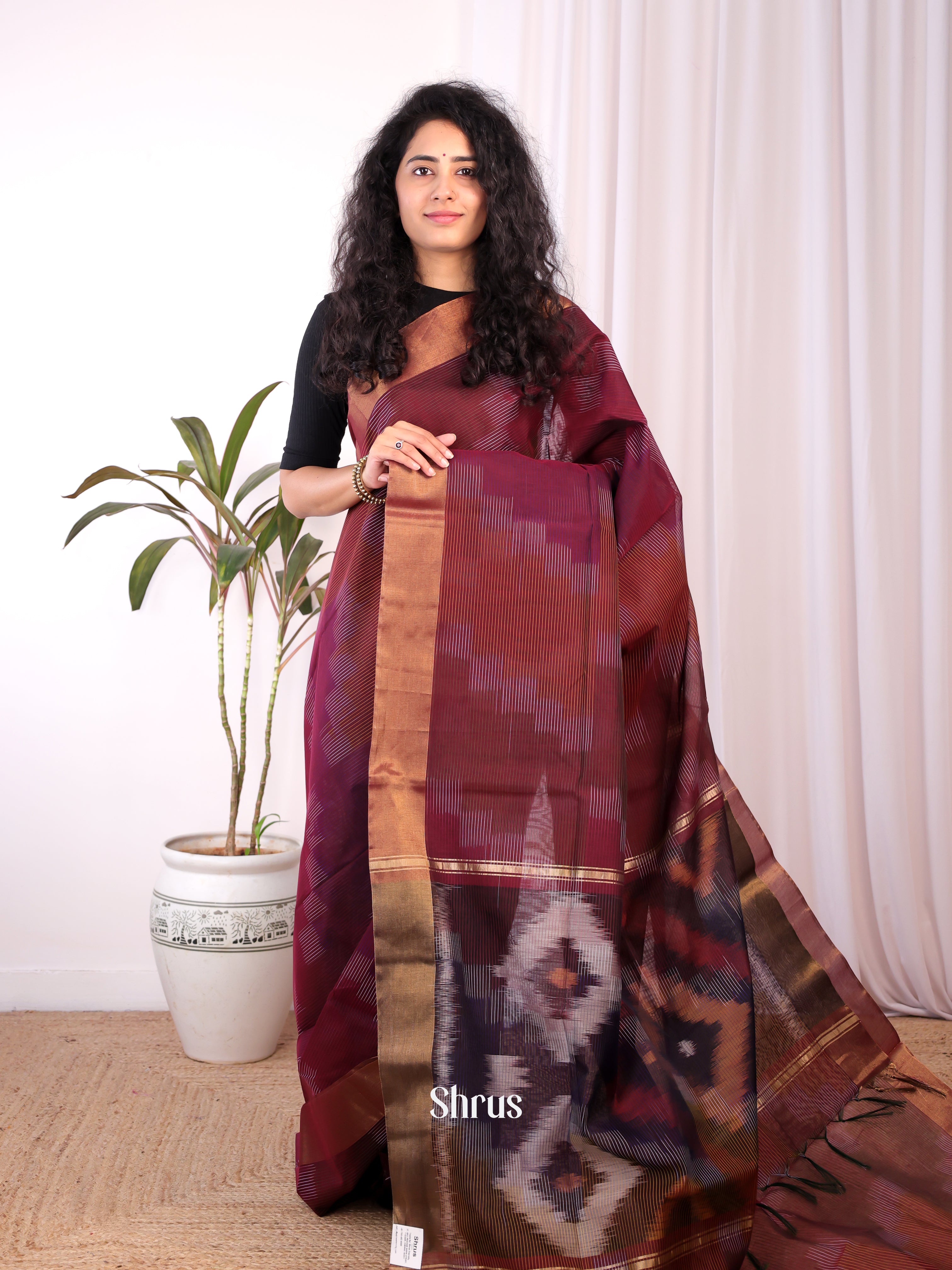 Maroon & Brown - Ikkat Kora Saree - Shop on Shrus.com