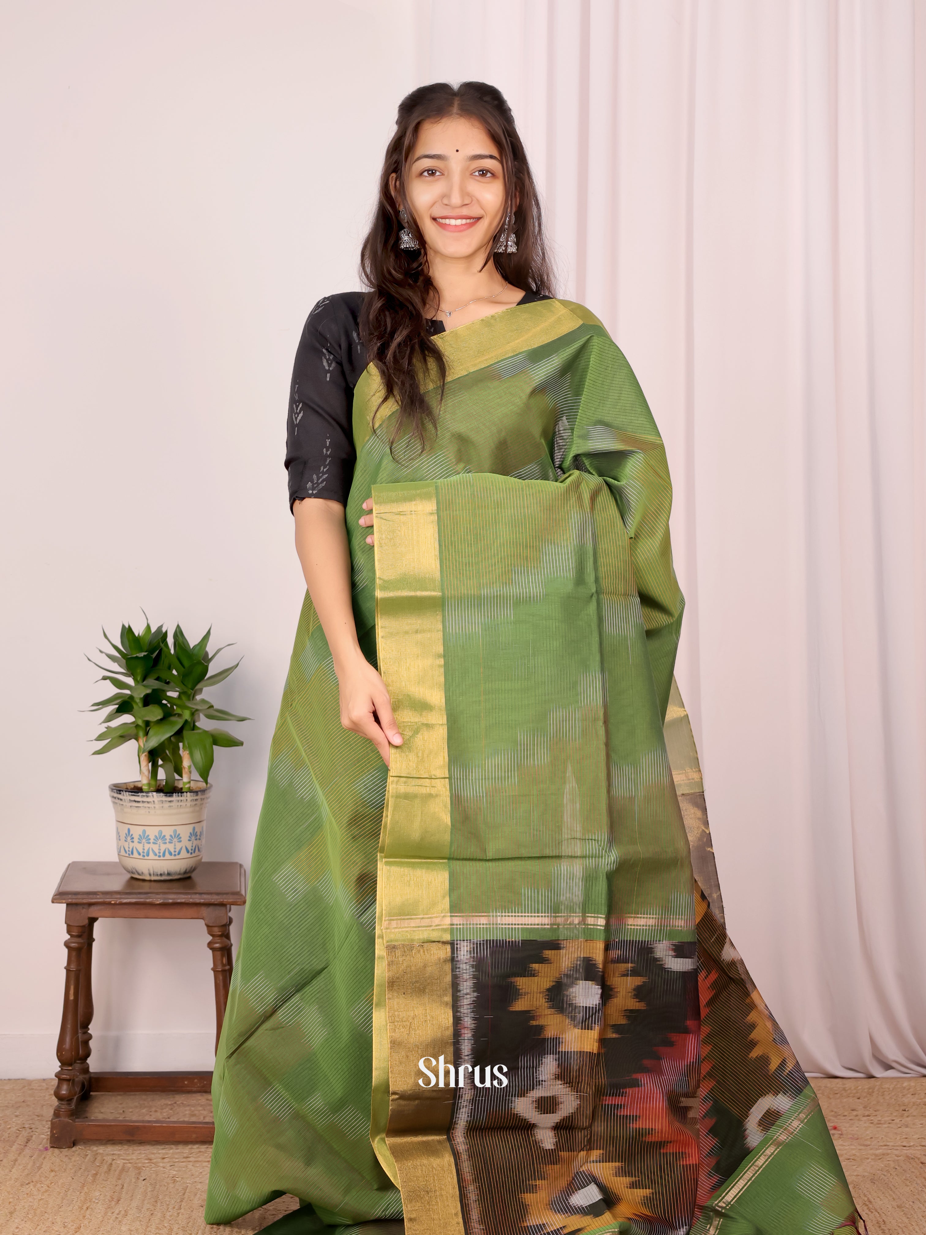 Green - Ikkat Kora Saree - Shop on Shrus.com