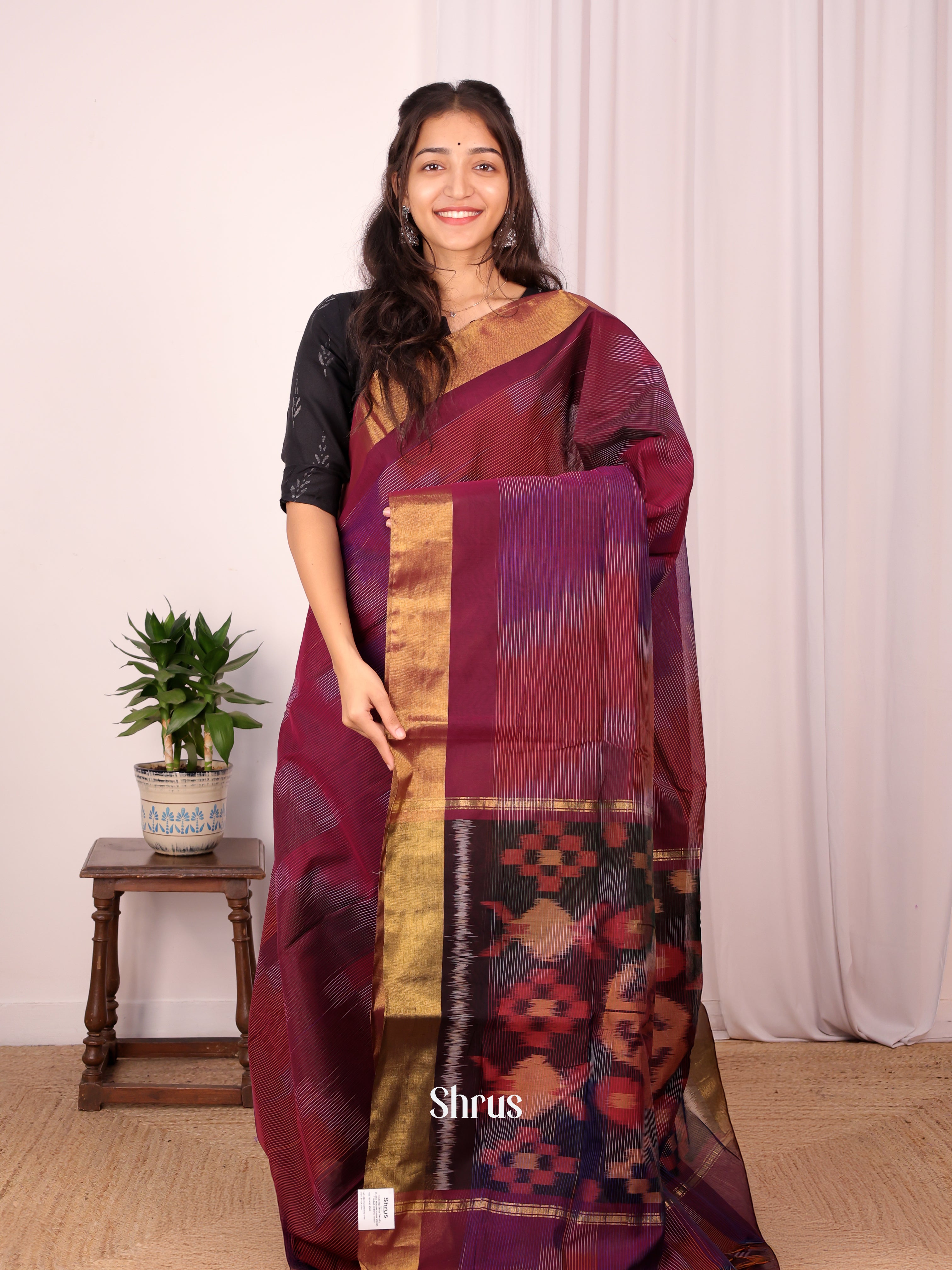 Maroon - Ikkat Kora Saree - Shop on Shrus.com