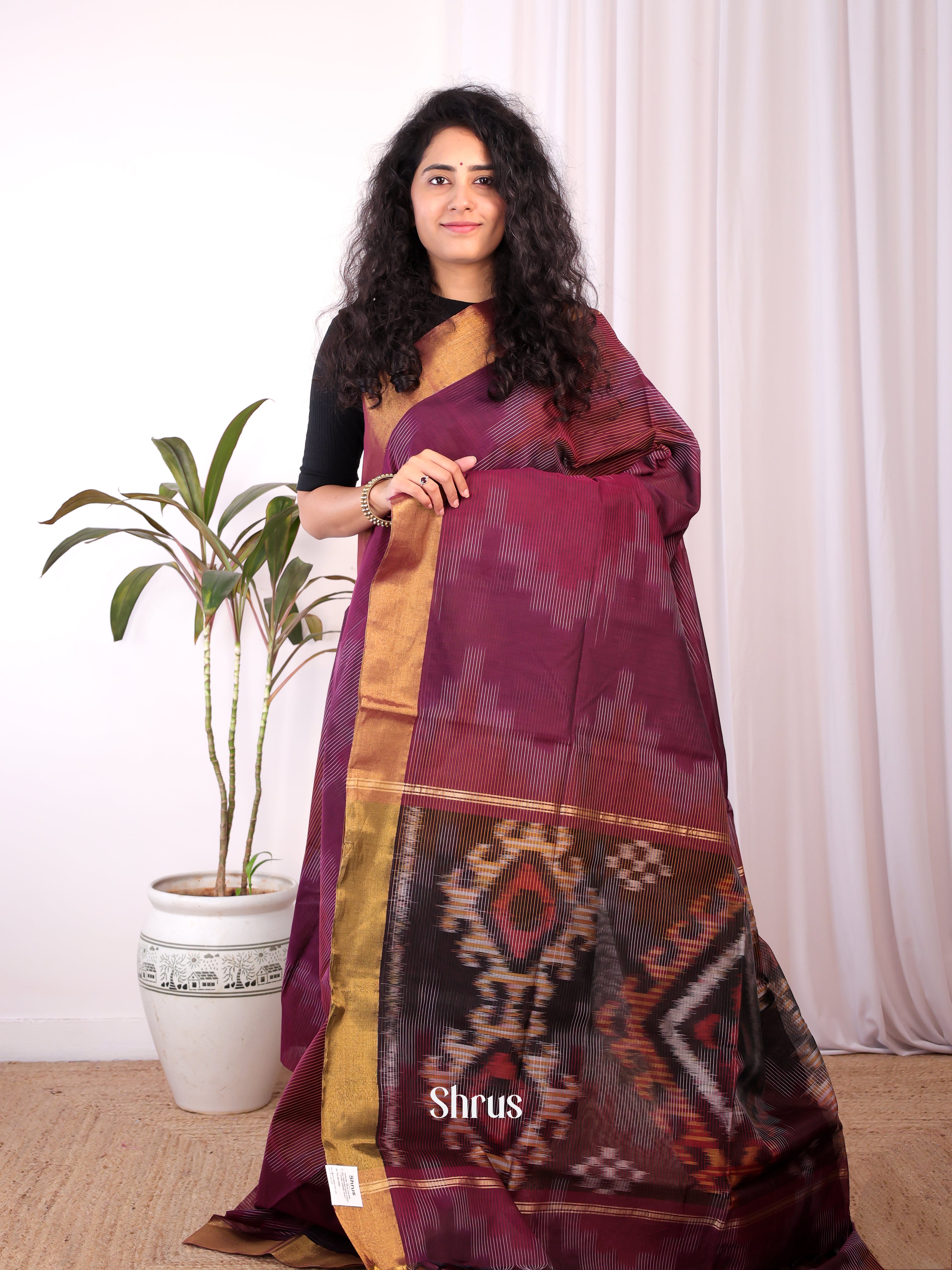 Maroon - Ikkat Kora Saree - Shop on Shrus.com