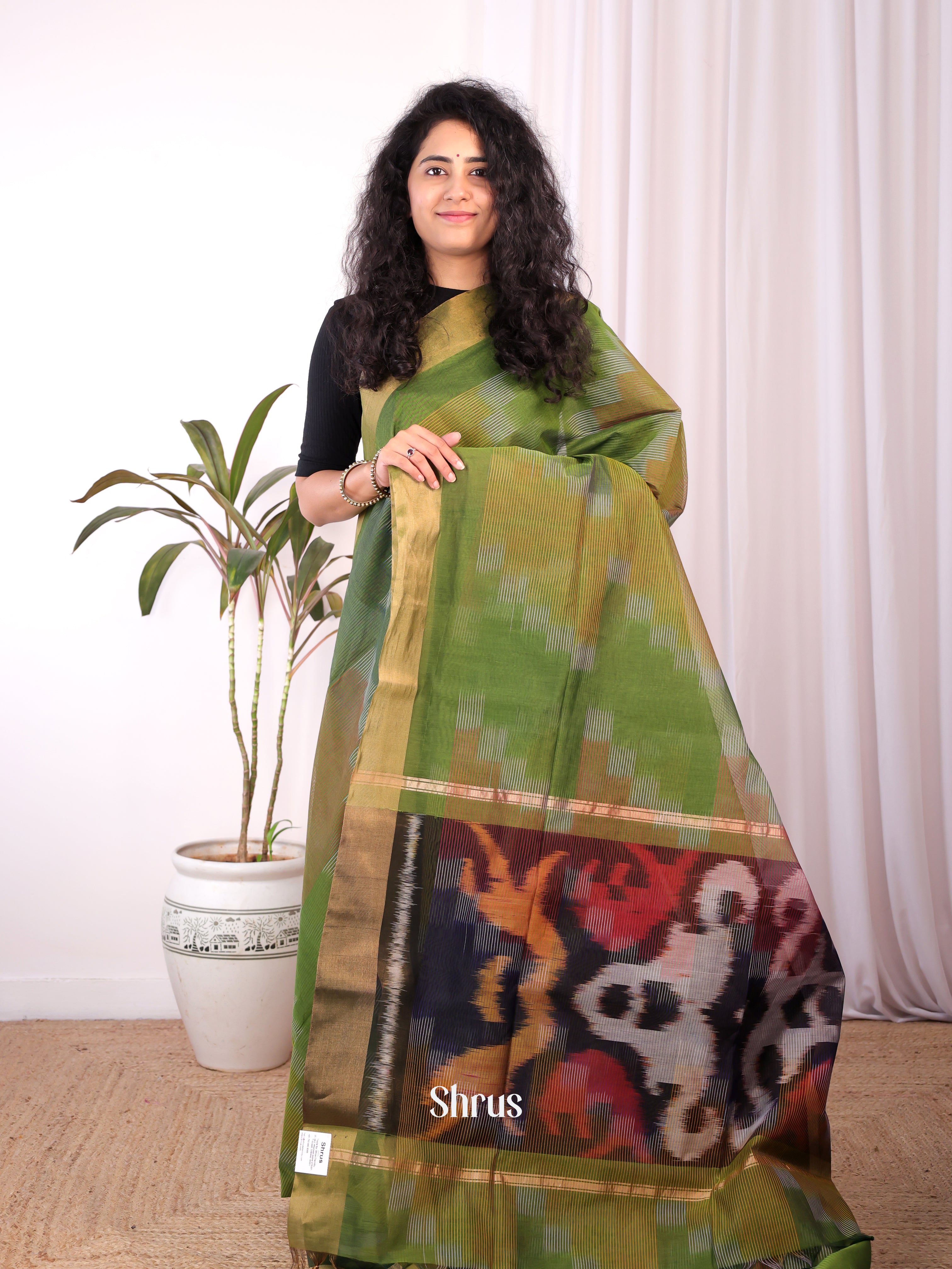 Green - Ikkat Kora Saree - Shop on Shrus.com