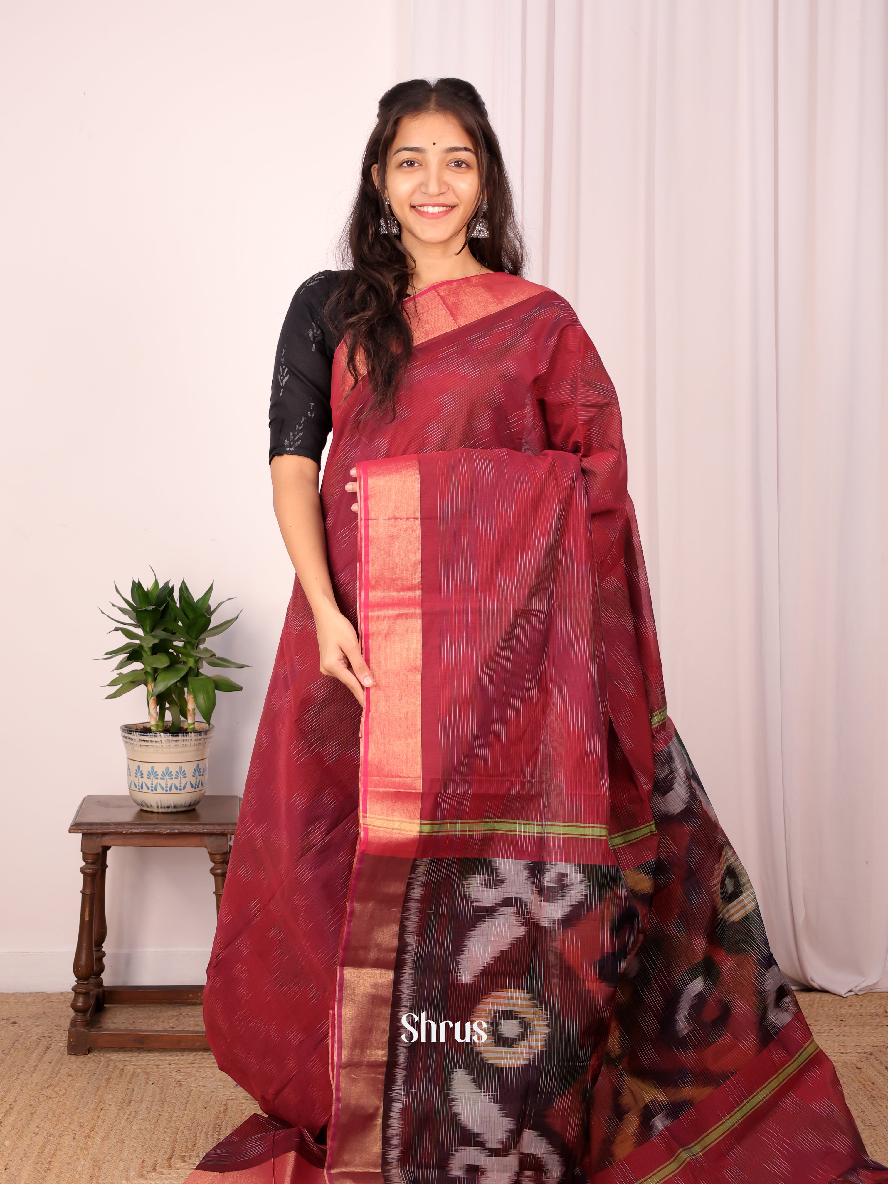 Maroon - Ikkat Kora Saree - Shop on Shrus.com