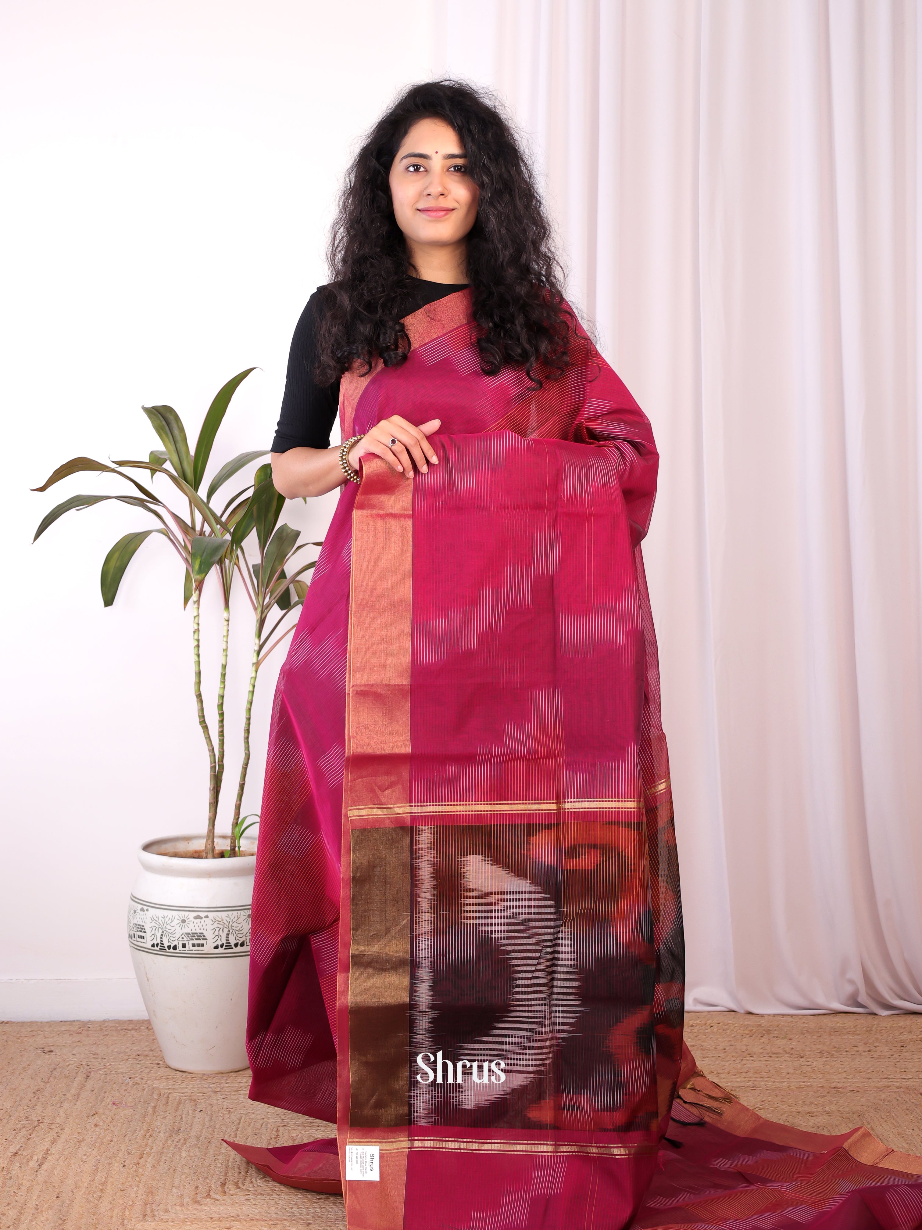 Maroon - Ikkat Kora Saree - Shop on Shrus.com