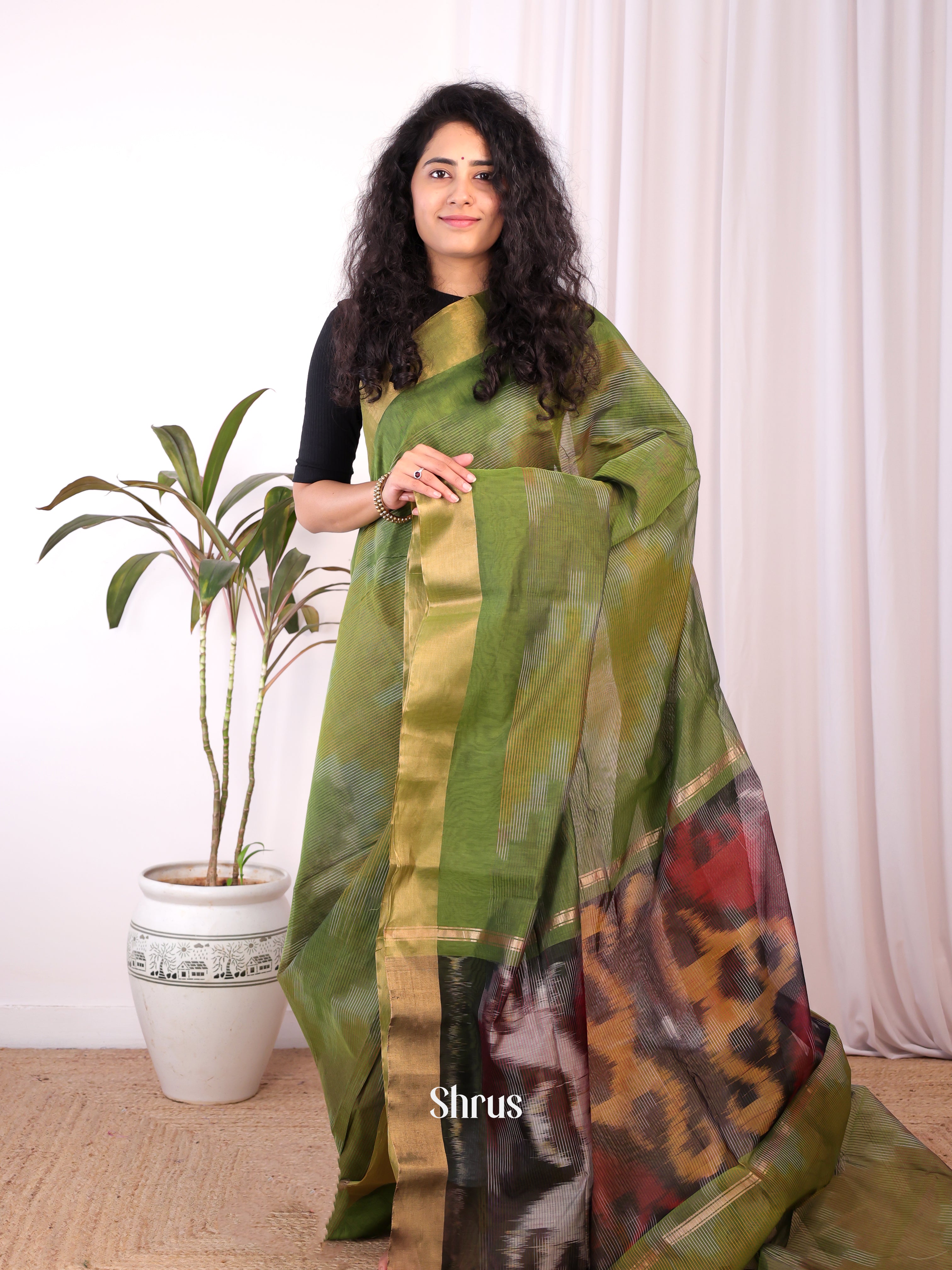 Green - Ikkat Kora Saree - Shop on Shrus.com