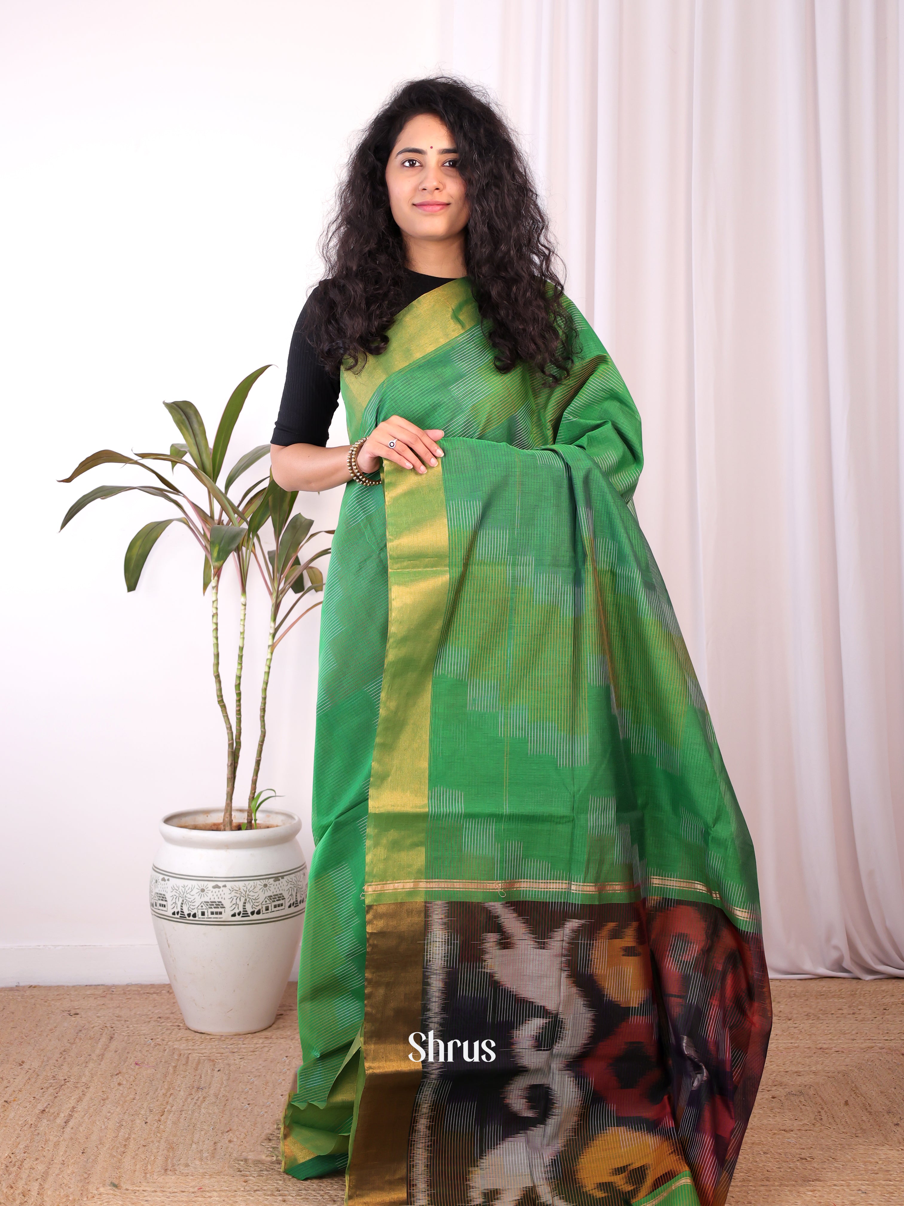Green - Ikkat Kora Saree - Shop on Shrus.com