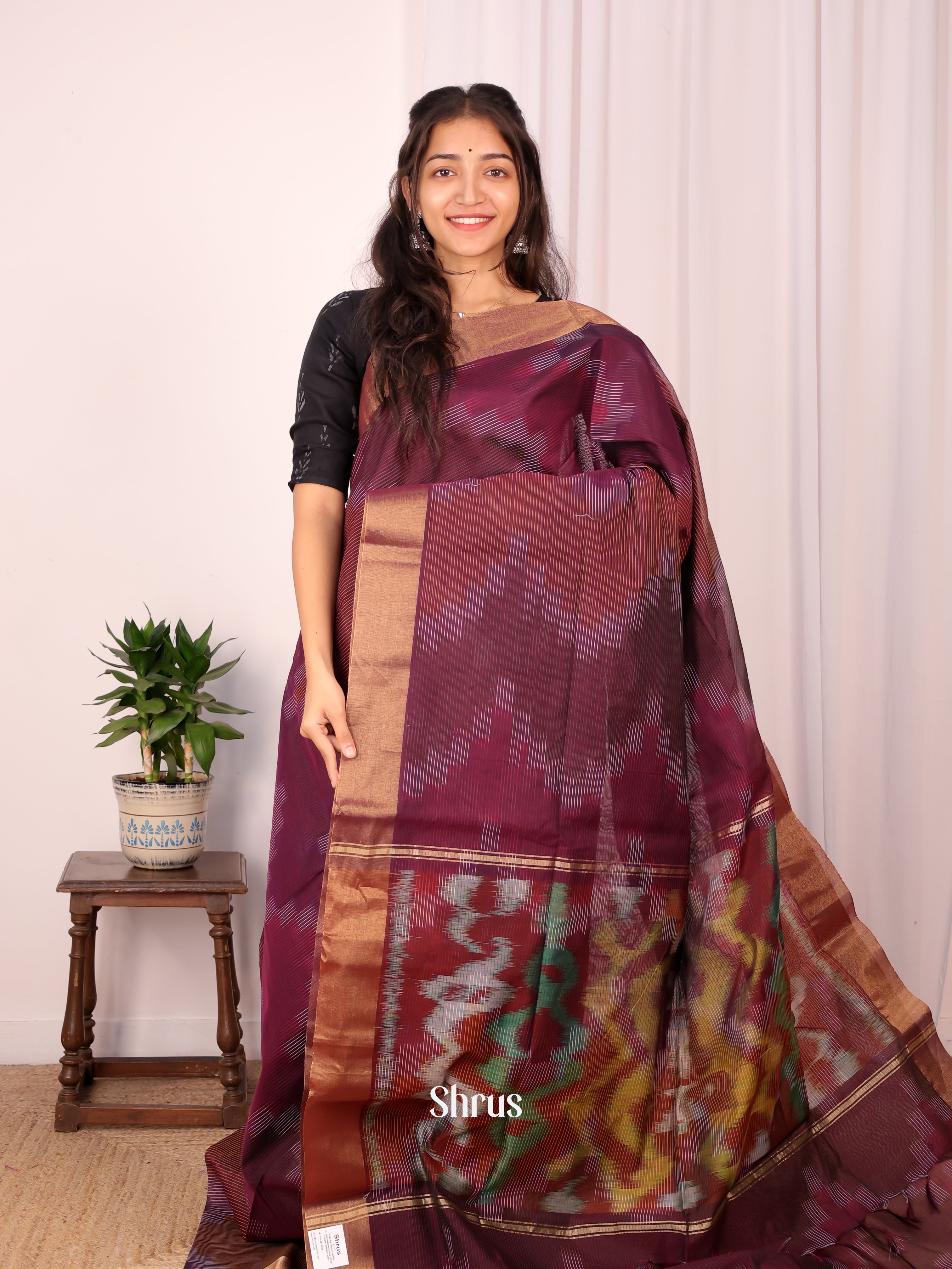 Brown - Ikkat Kora Saree - Shop on Shrus.com