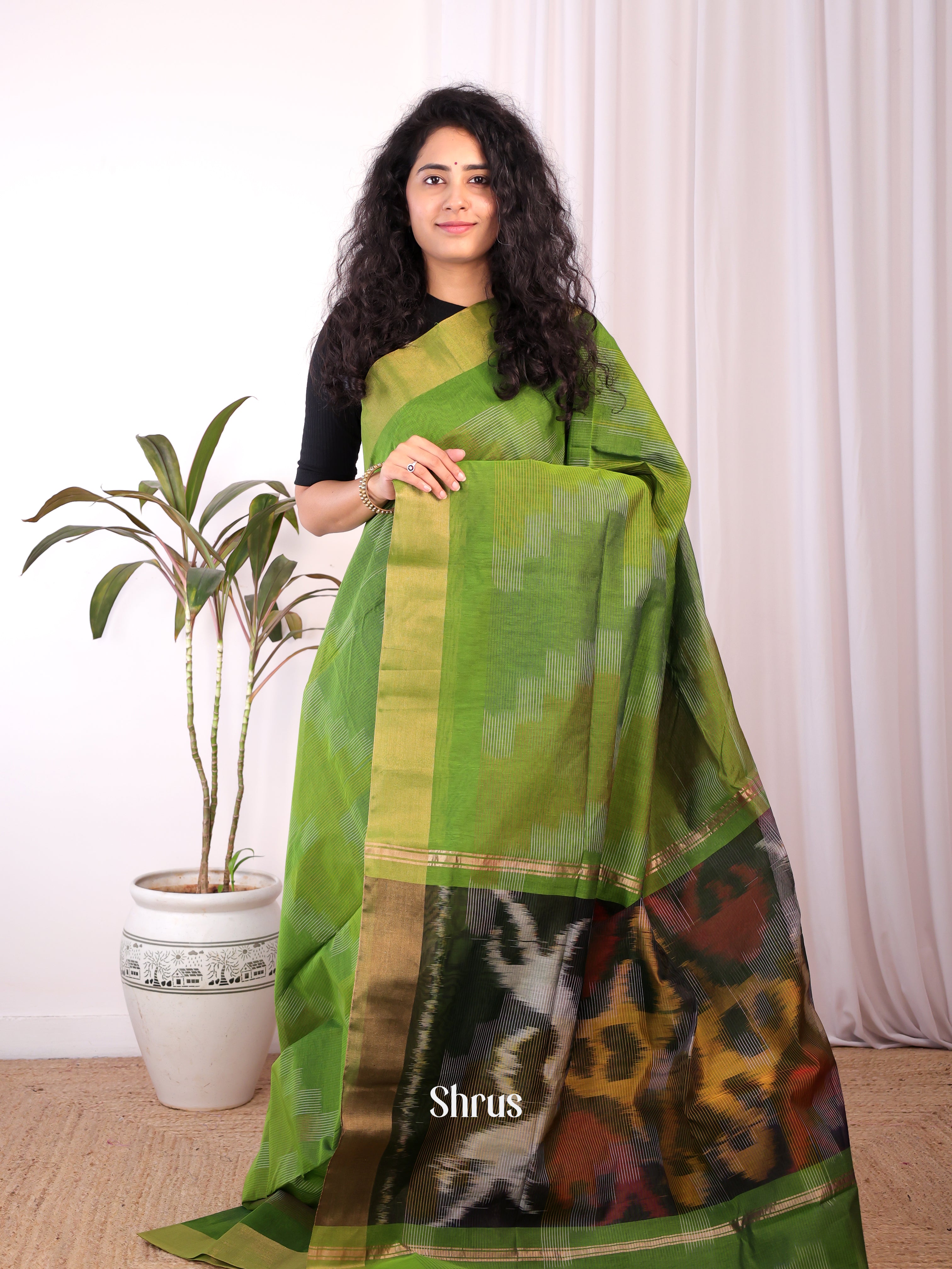 Green - Ikkat Kora Saree - Shop on Shrus.com