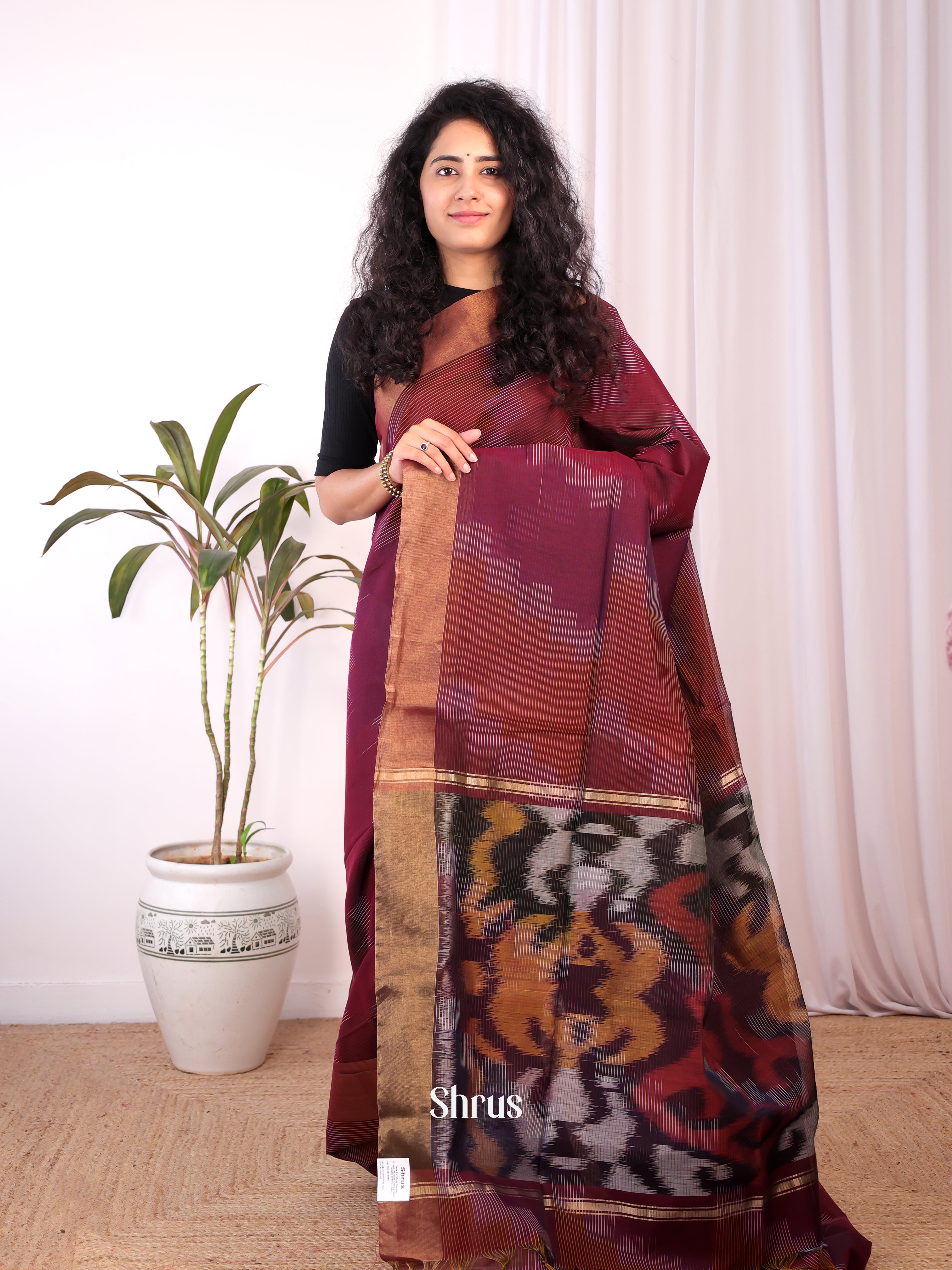 Maroon & Brown - Ikkat Kora Saree - Shop on Shrus.com