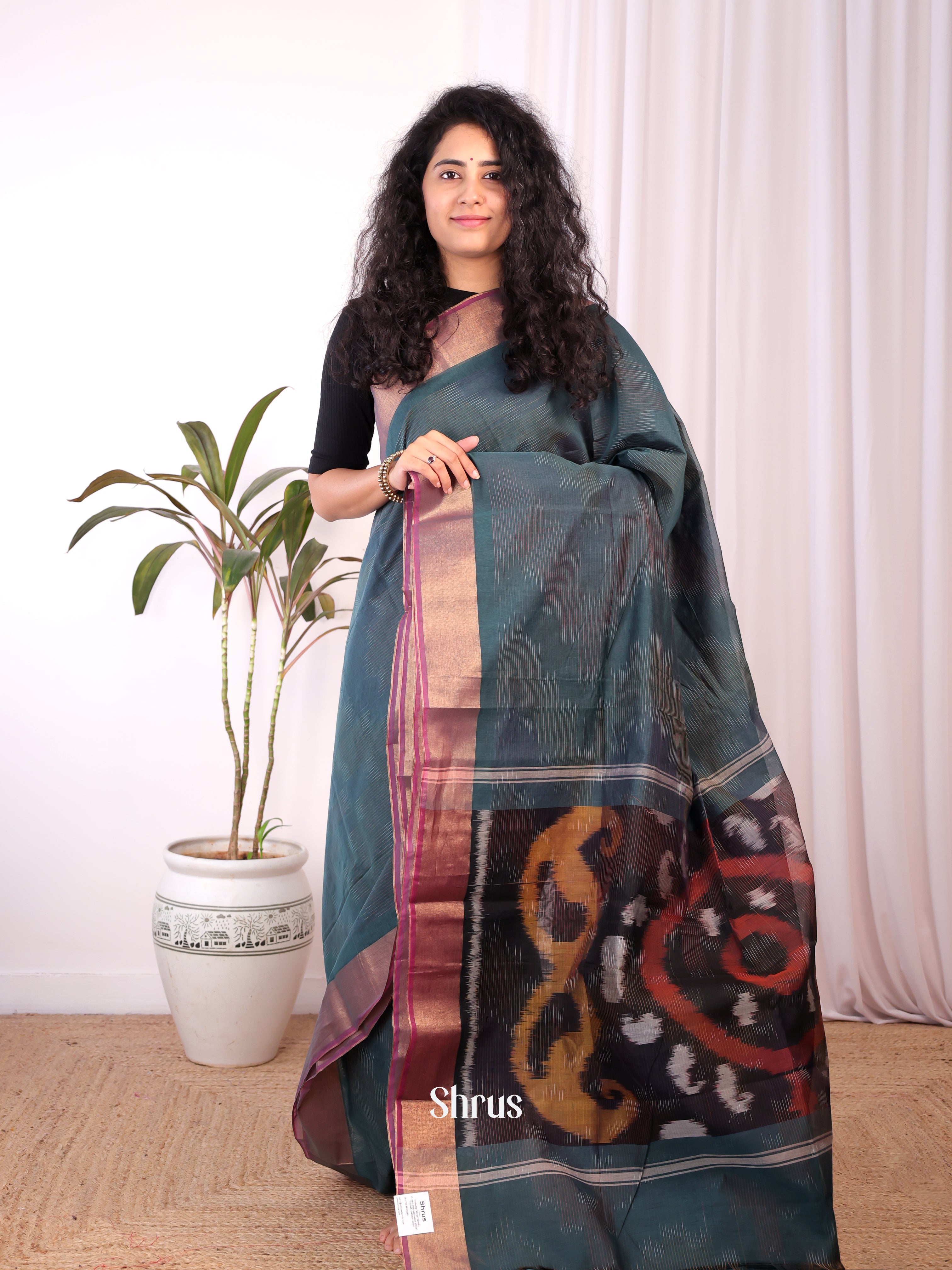 Peacock Green- Ikkat Kora Saree - Shop on Shrus.com