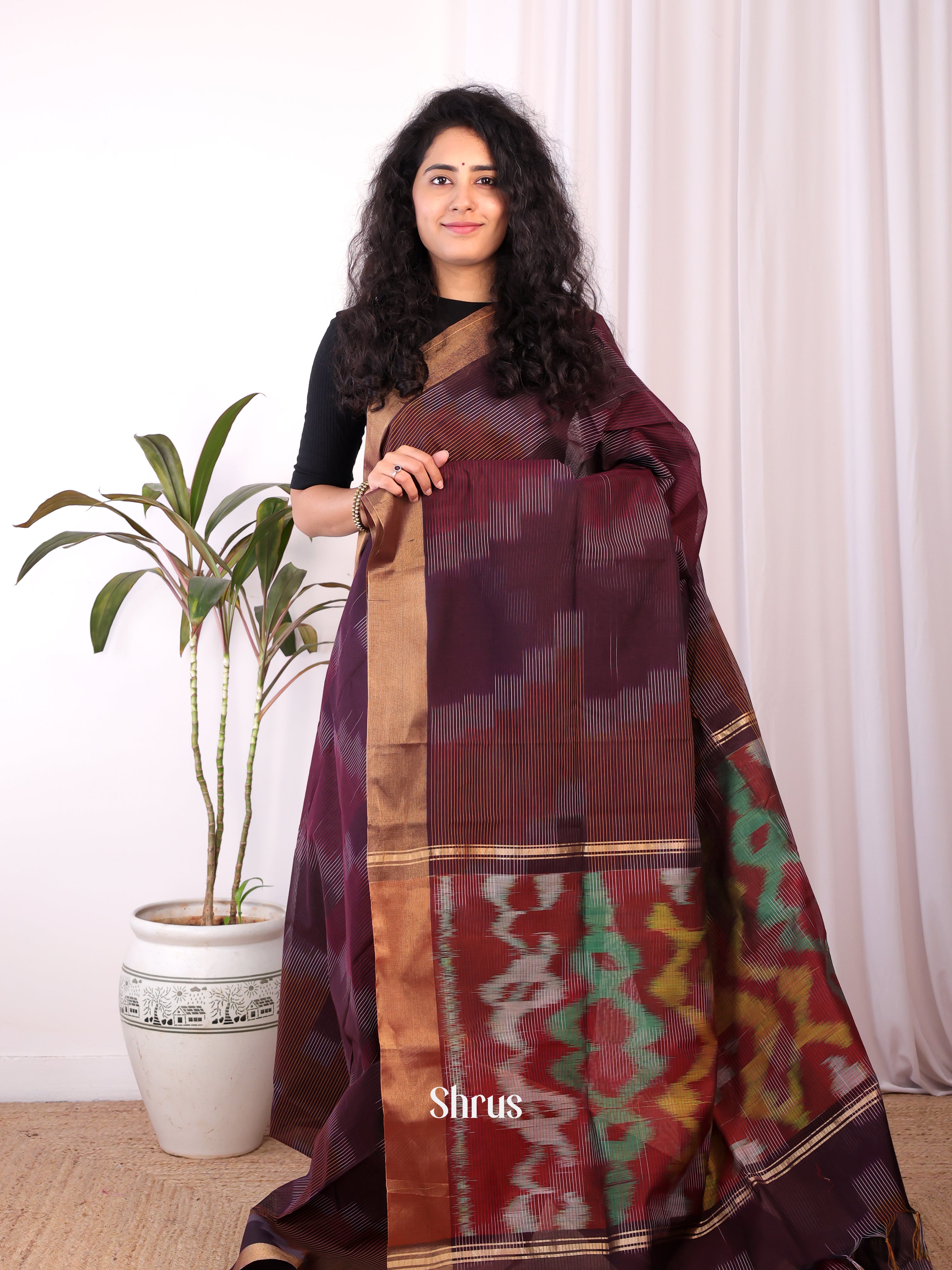 Maroon & Brown- Ikkat Kora Saree - Shop on Shrus.com