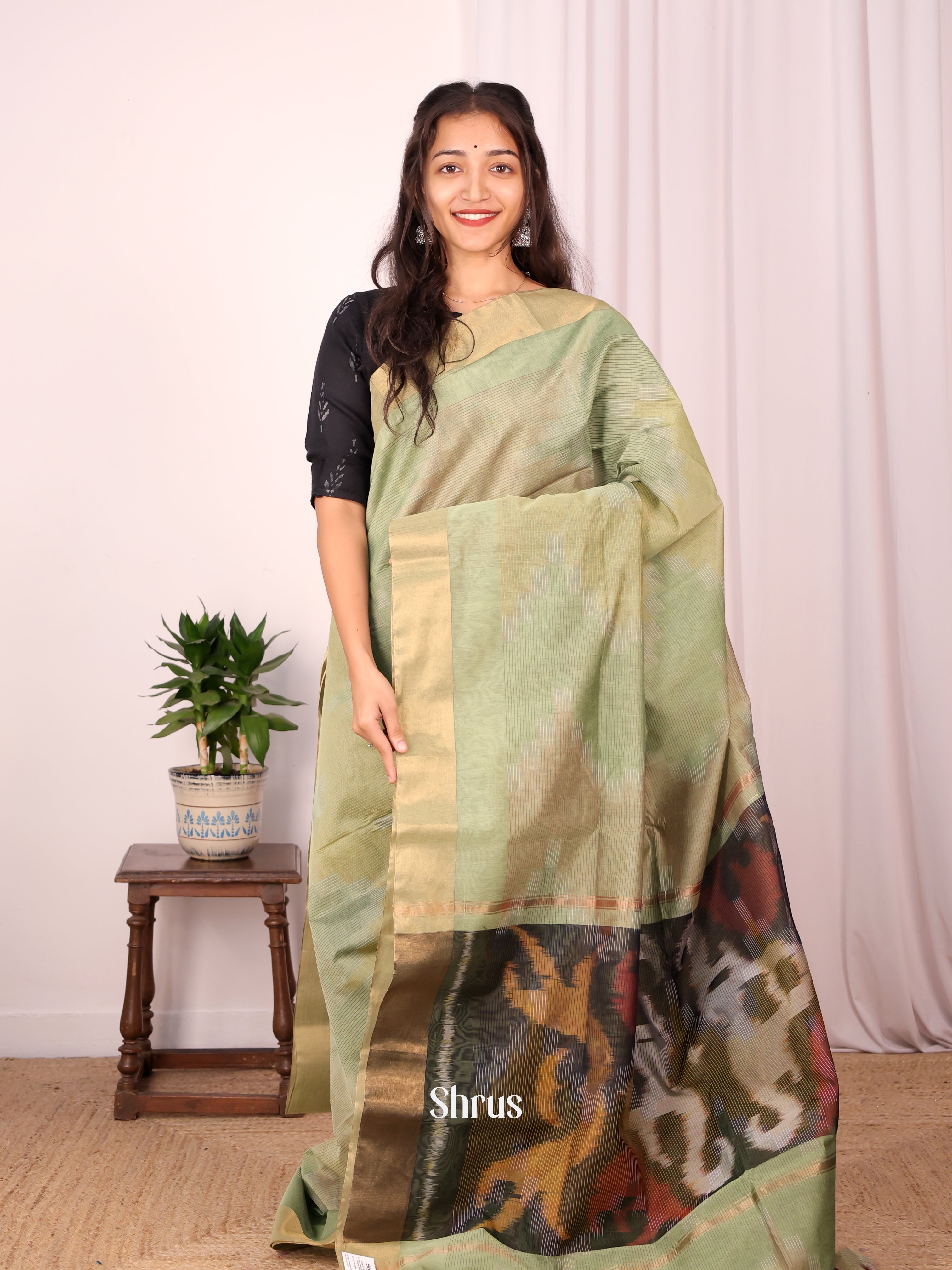 Elachi Green - Ikkat Kora Saree - Shop on Shrus.com