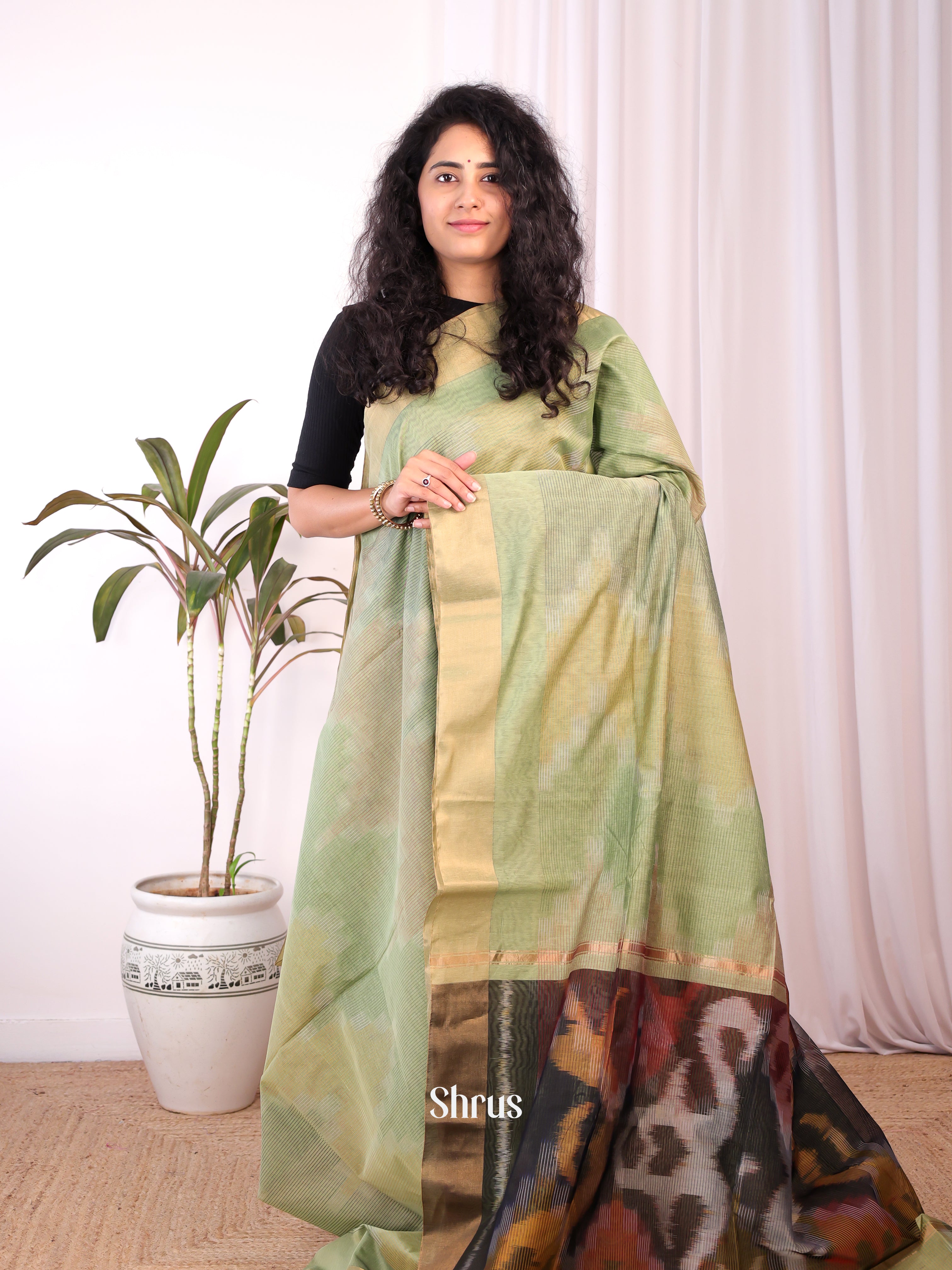 Lite Green - Ikkat Kora Saree - Shop on Shrus.com
