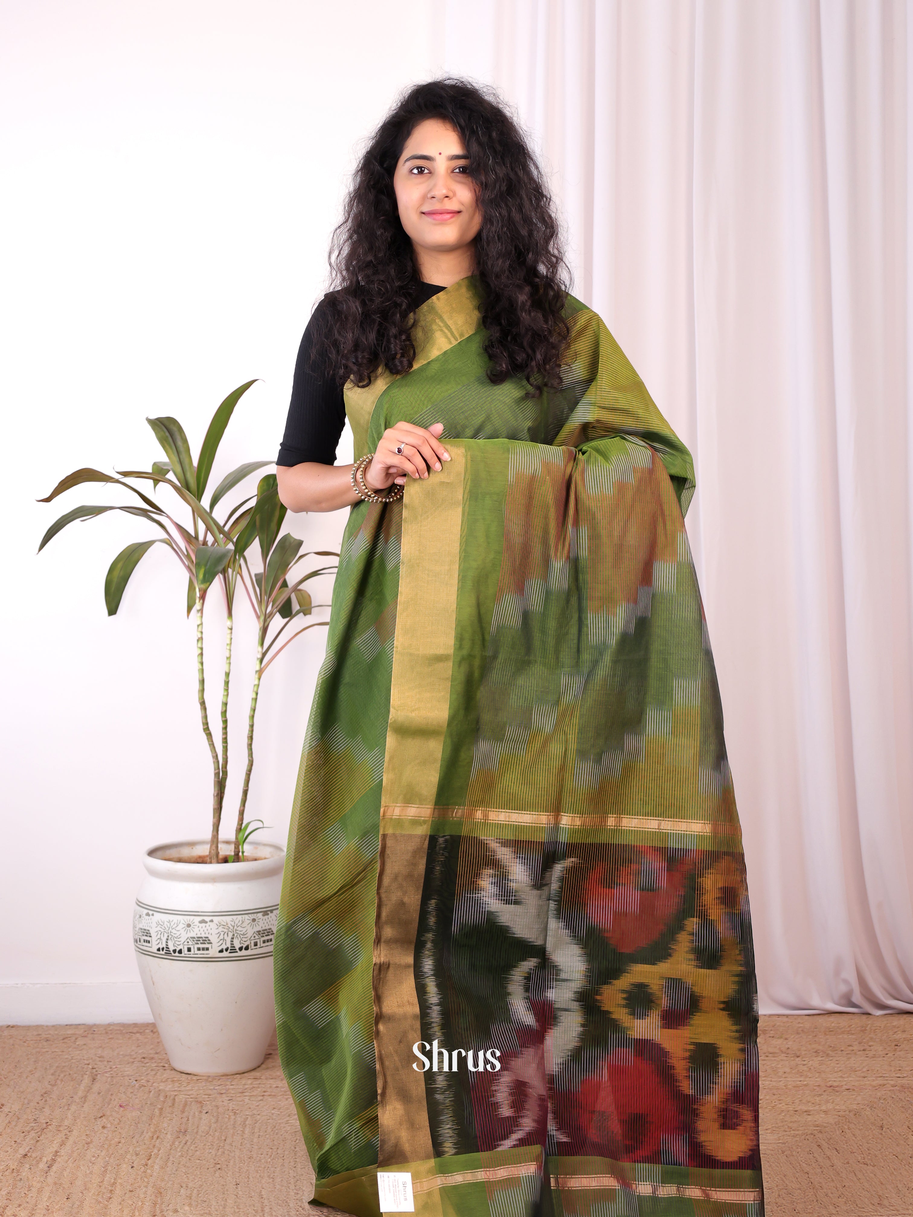 Green - Ikkat Kora Saree - Shop on Shrus.com