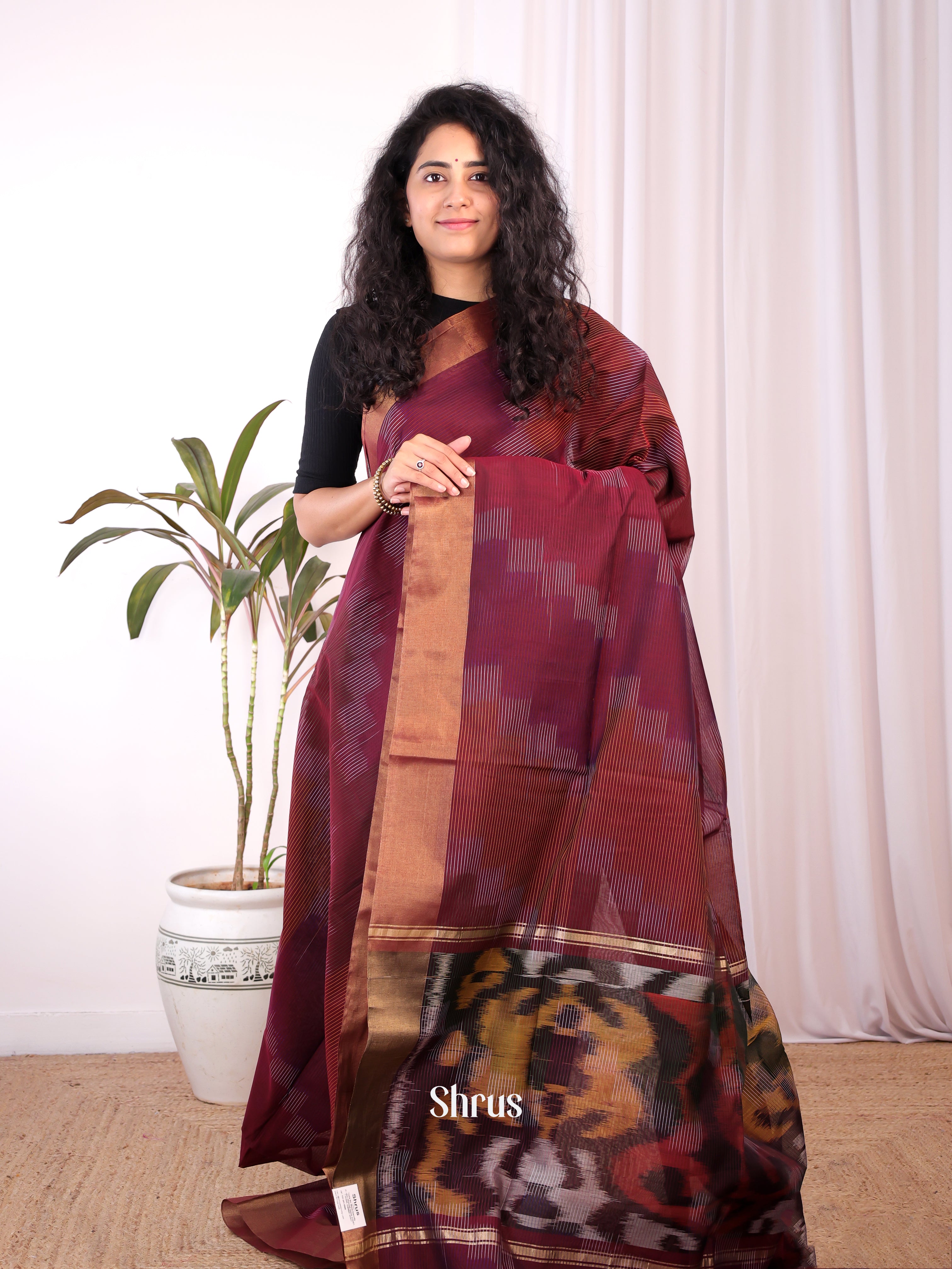 Maroon & Brown - Ikkat Kora Saree - Shop on Shrus.com