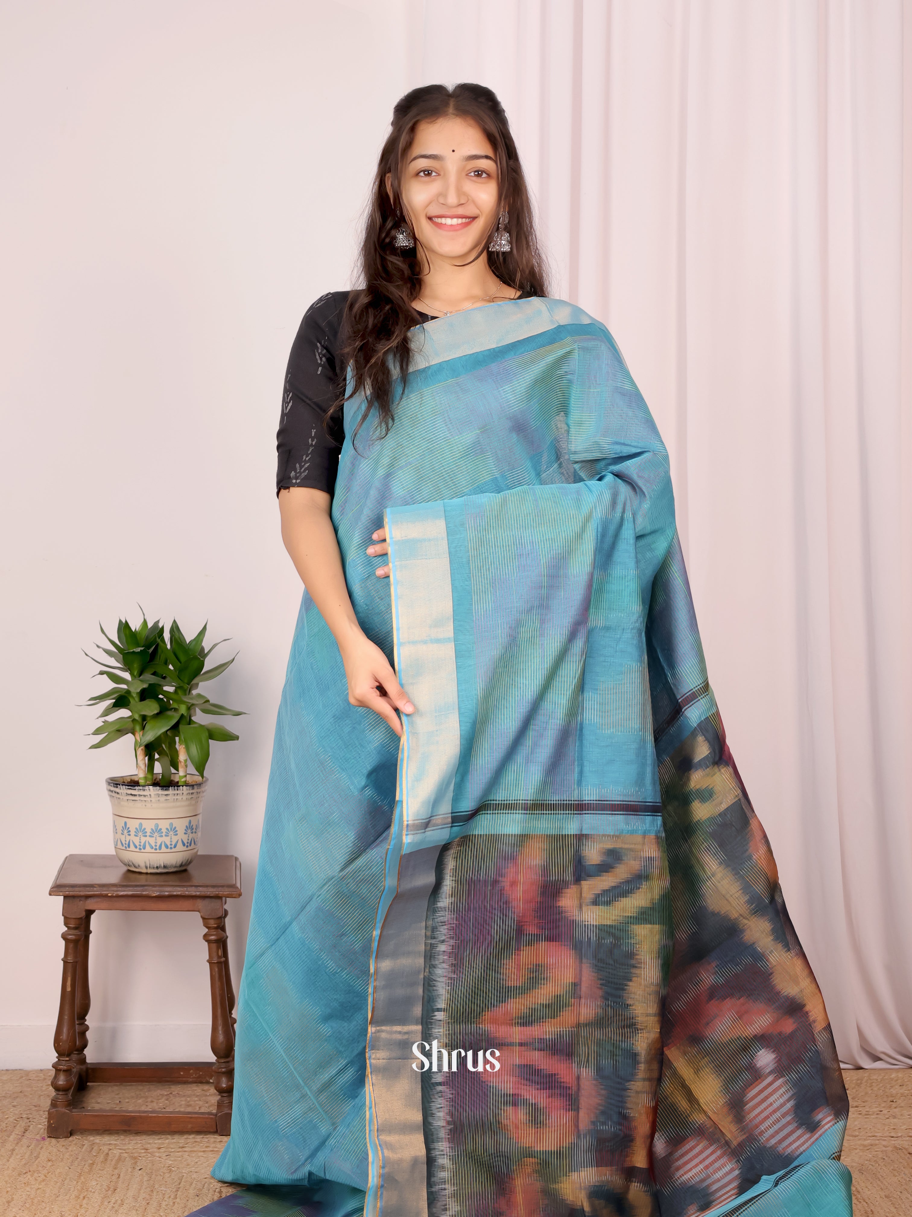 Blue - Ikkat Kora Saree - Shop on Shrus.com