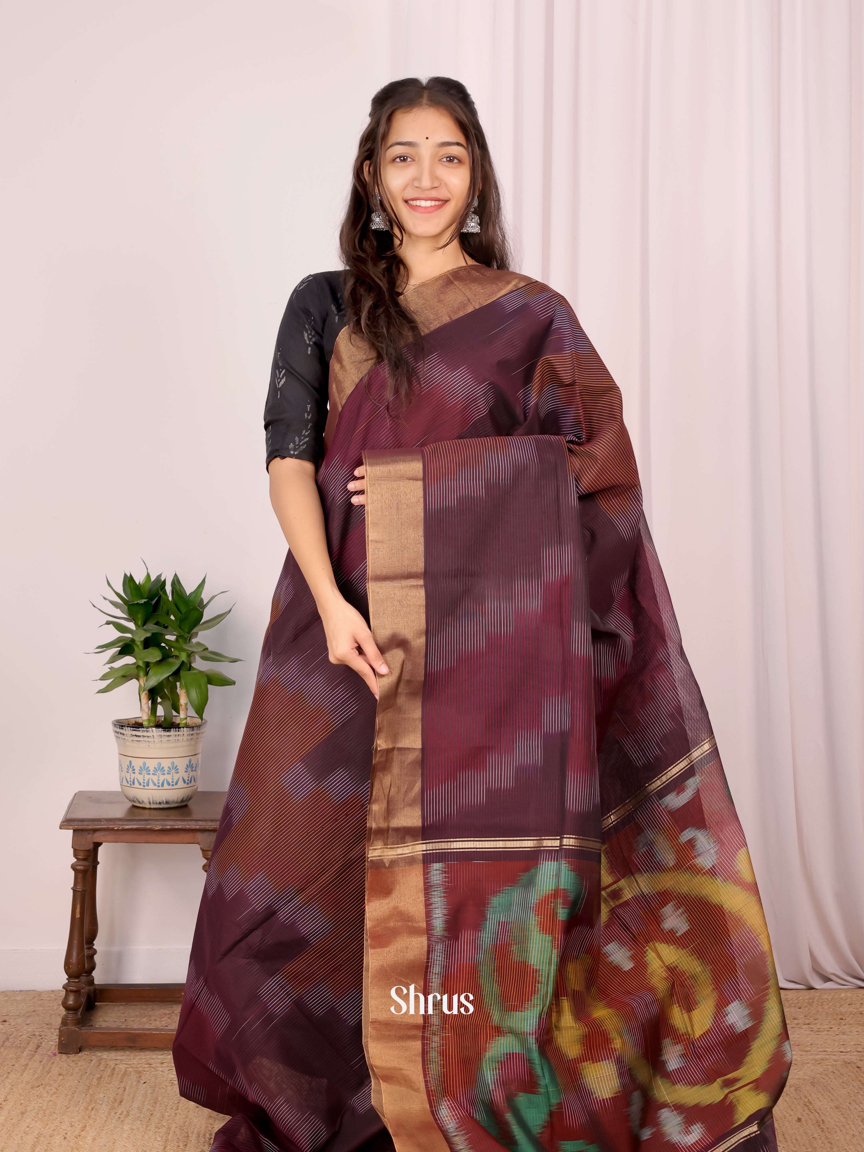 Brown - Ikkat Kora Saree - Shop on Shrus.com