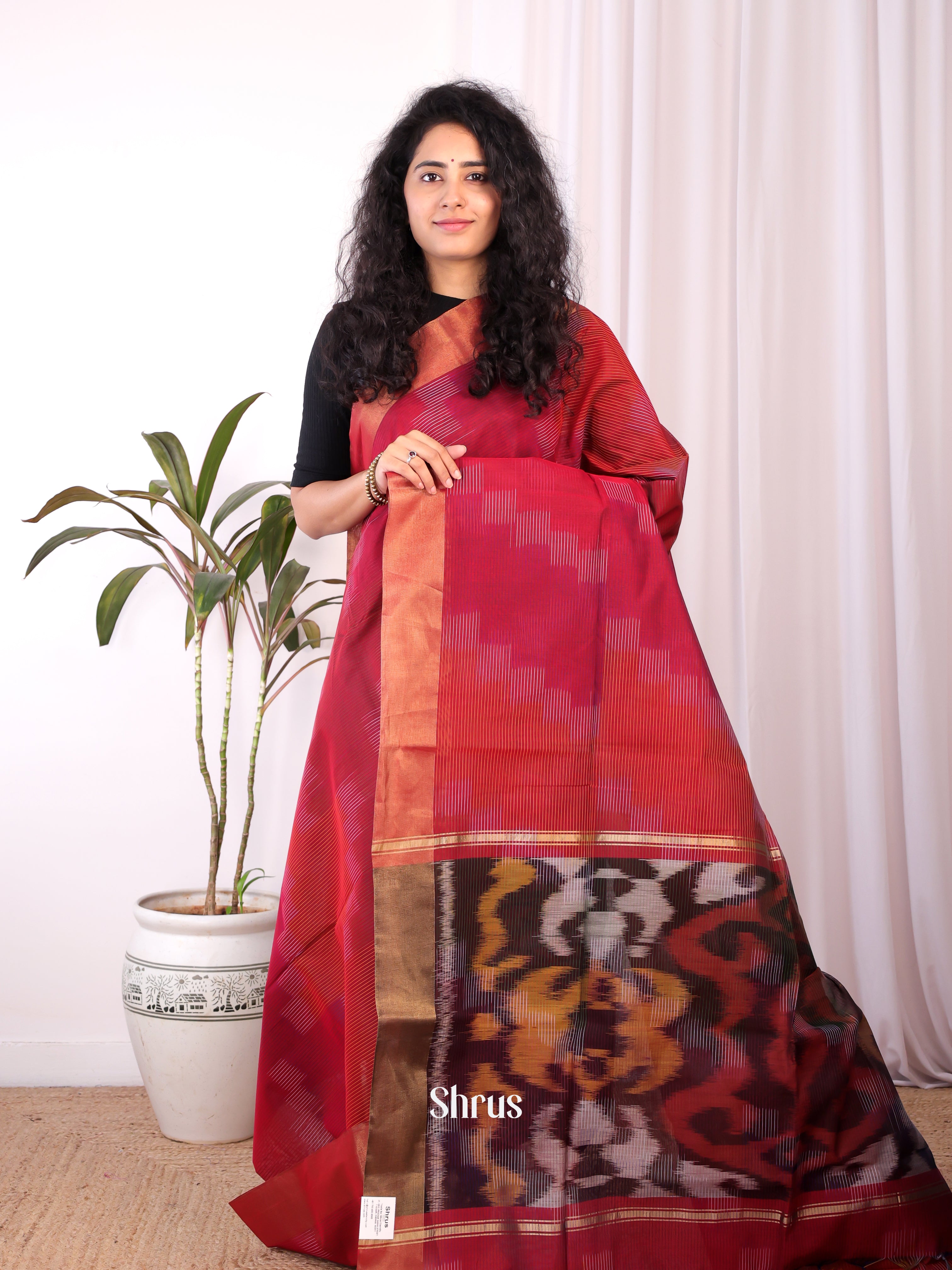 Red- Ikkat Kora Saree - Shop on Shrus.com