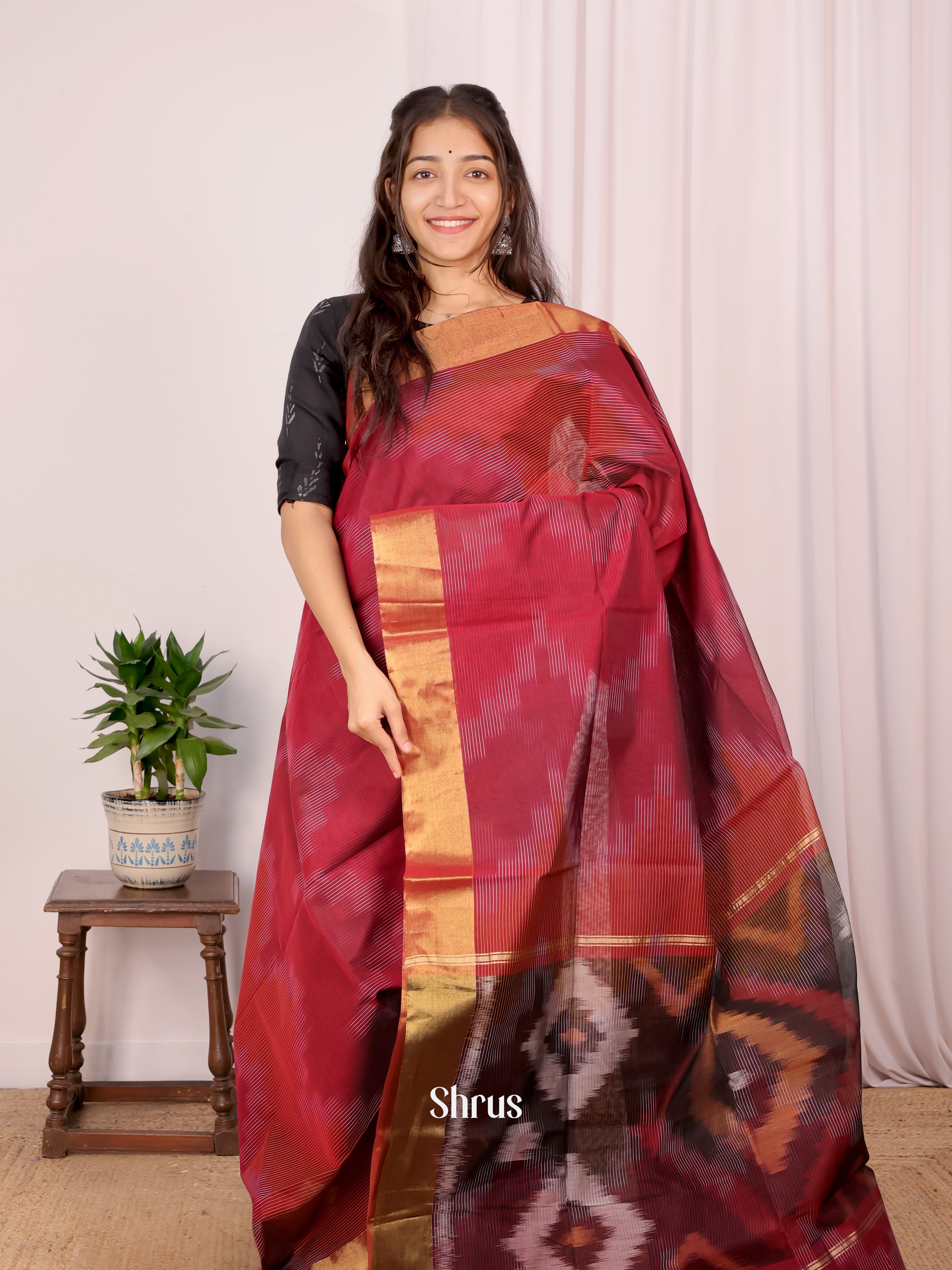 Maroon - Ikkat Kora Saree - Shop on Shrus.com