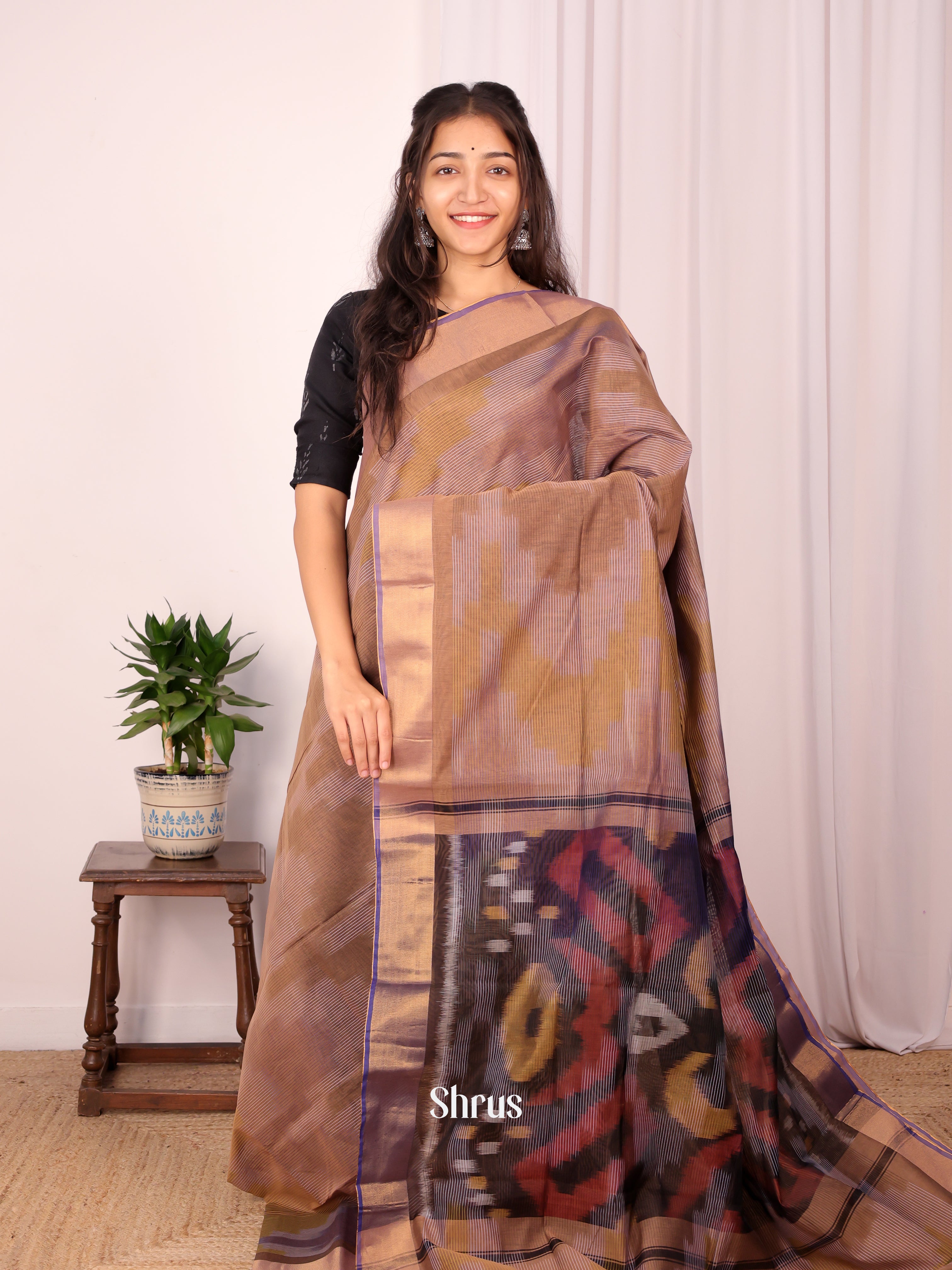 Lite Brown - Ikkat Kora Saree - Shop on Shrus.com
