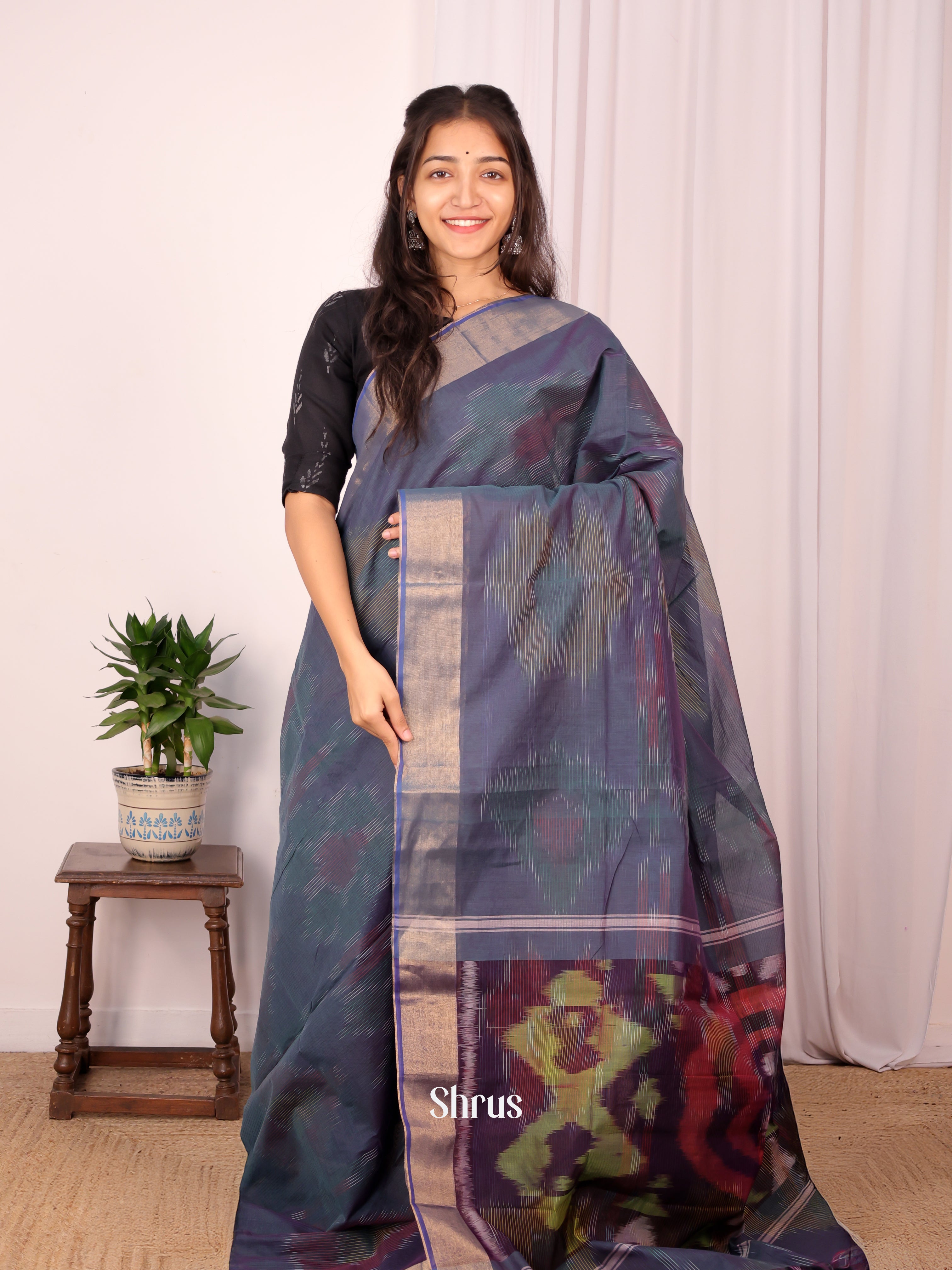 Purple & Green - Ikkat Kora Saree - Shop on Shrus.com