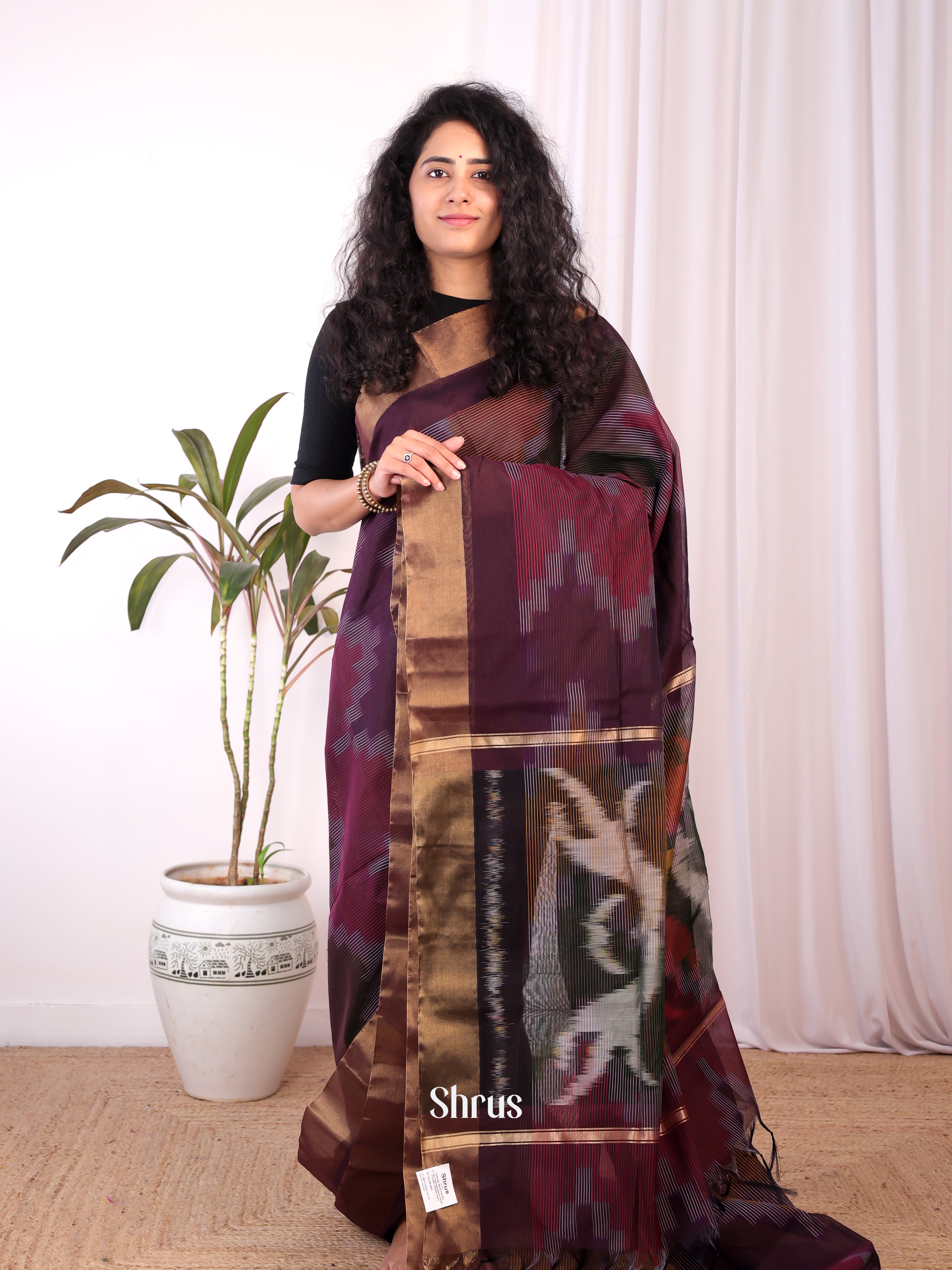 Brown & maroon - Ikkat Kora Saree - Shop on Shrus.com