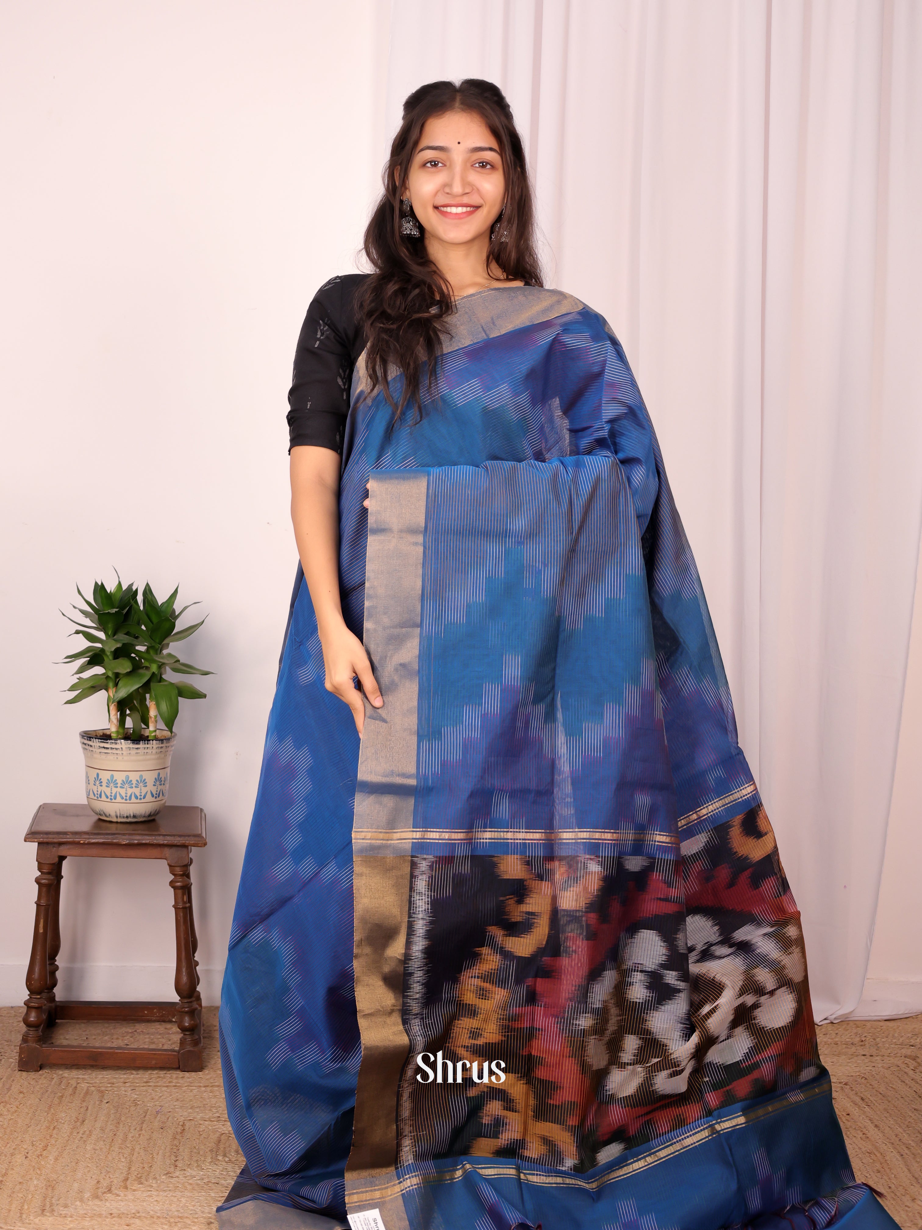 Blue - Ikkat Kora Saree - Shop on Shrus.com