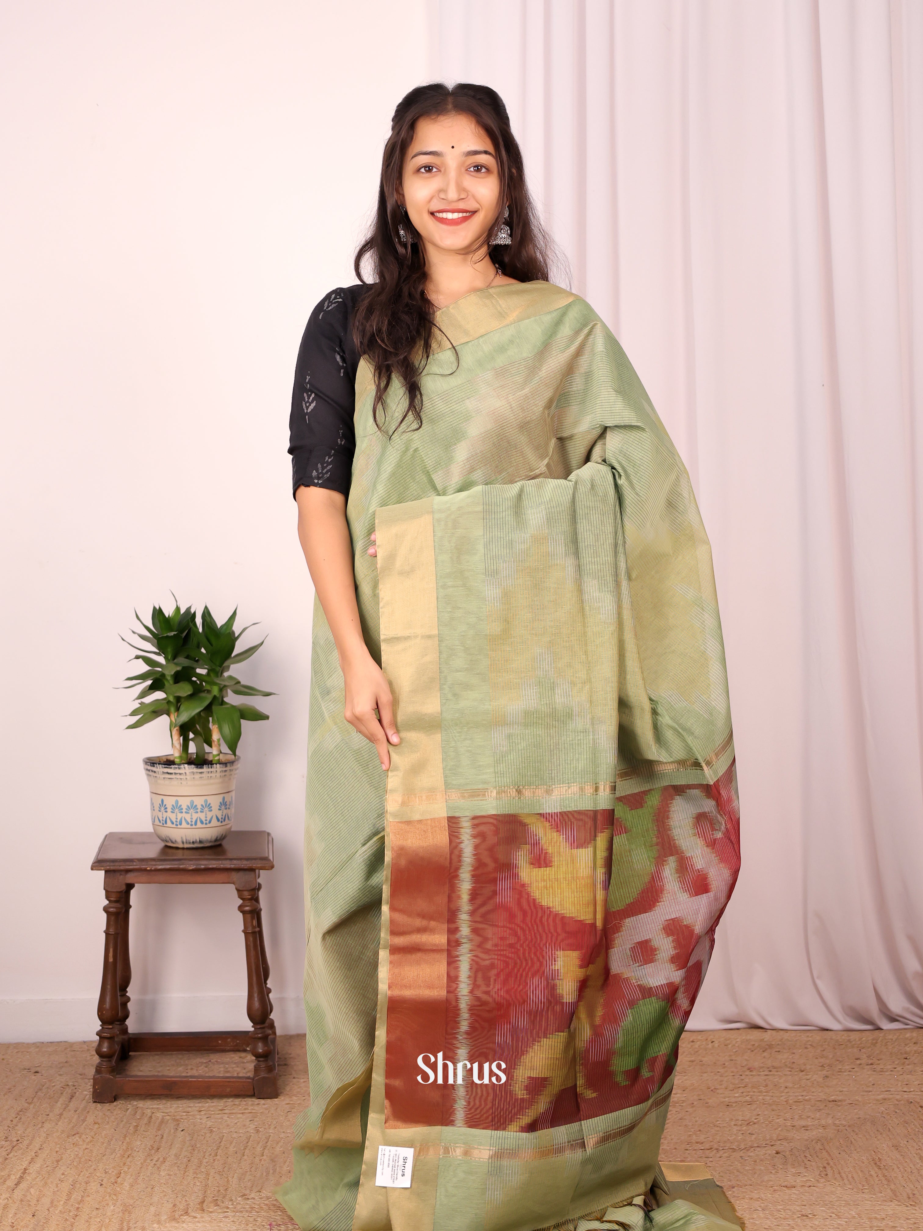 Lite Green- Ikkat Kora Saree - Shop on Shrus.com