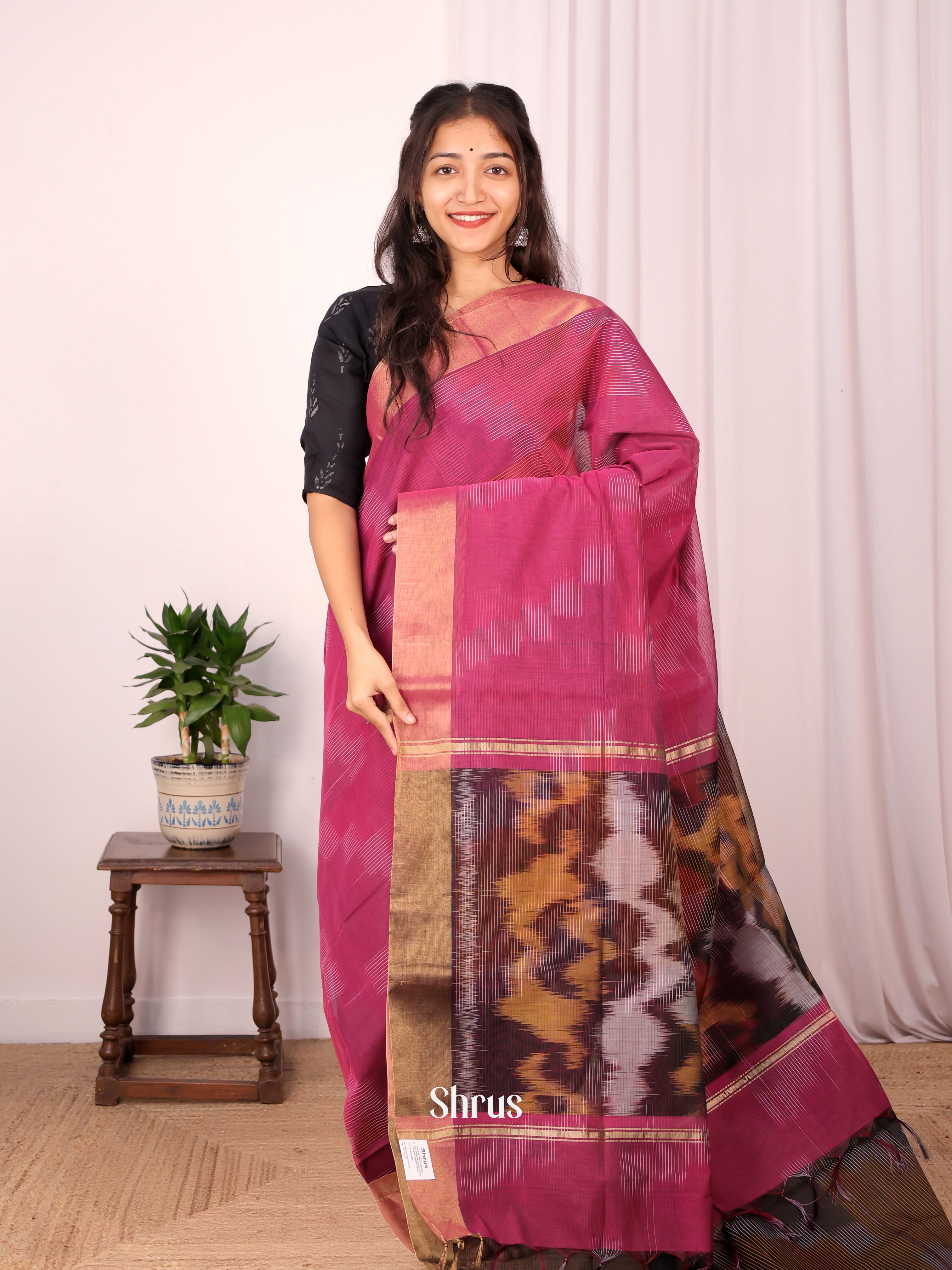 Pink & Brown - Ikkat Kora Saree - Shop on Shrus.com