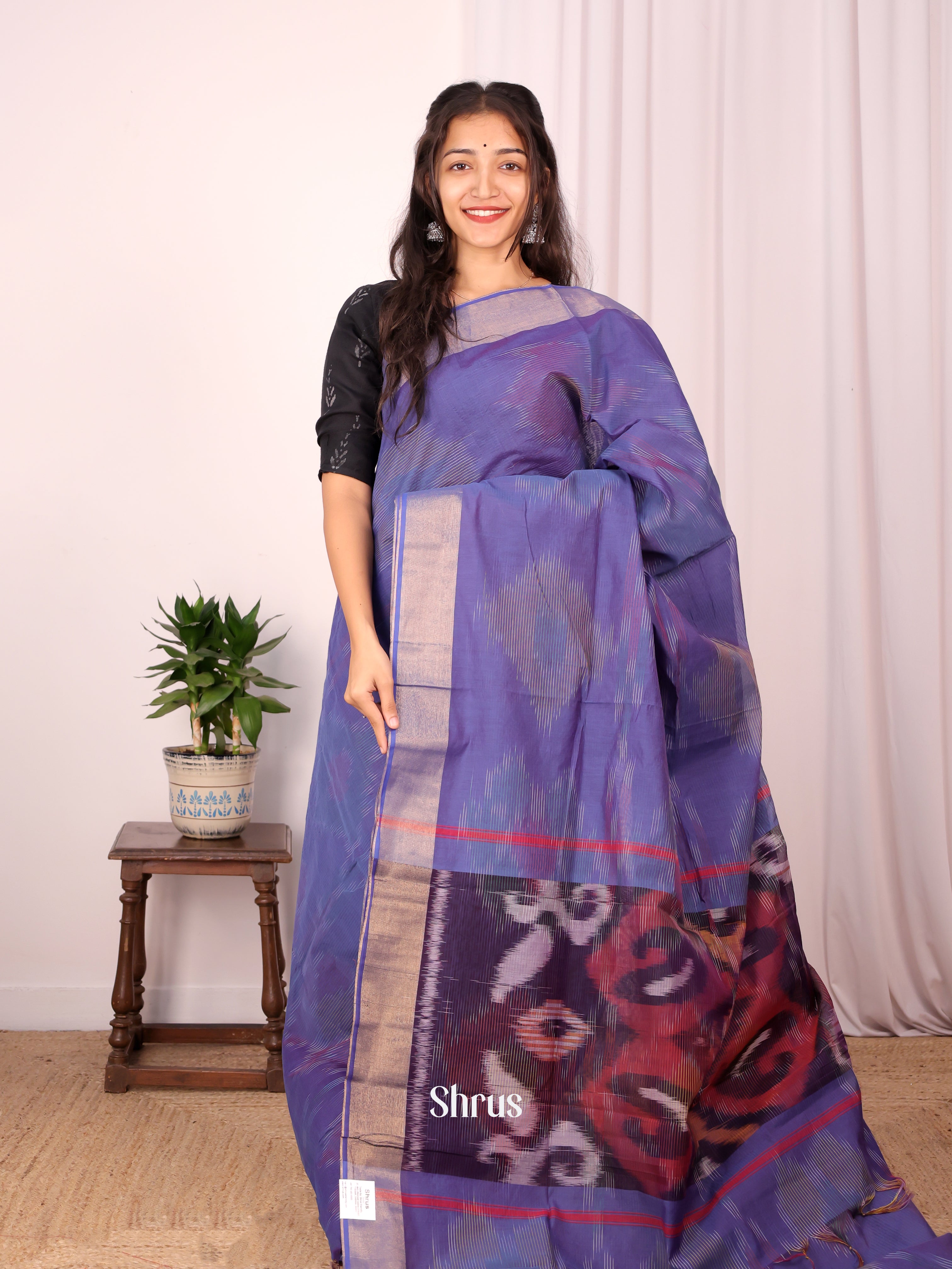 Purple - Ikkat Kora Saree - Shop on Shrus.com