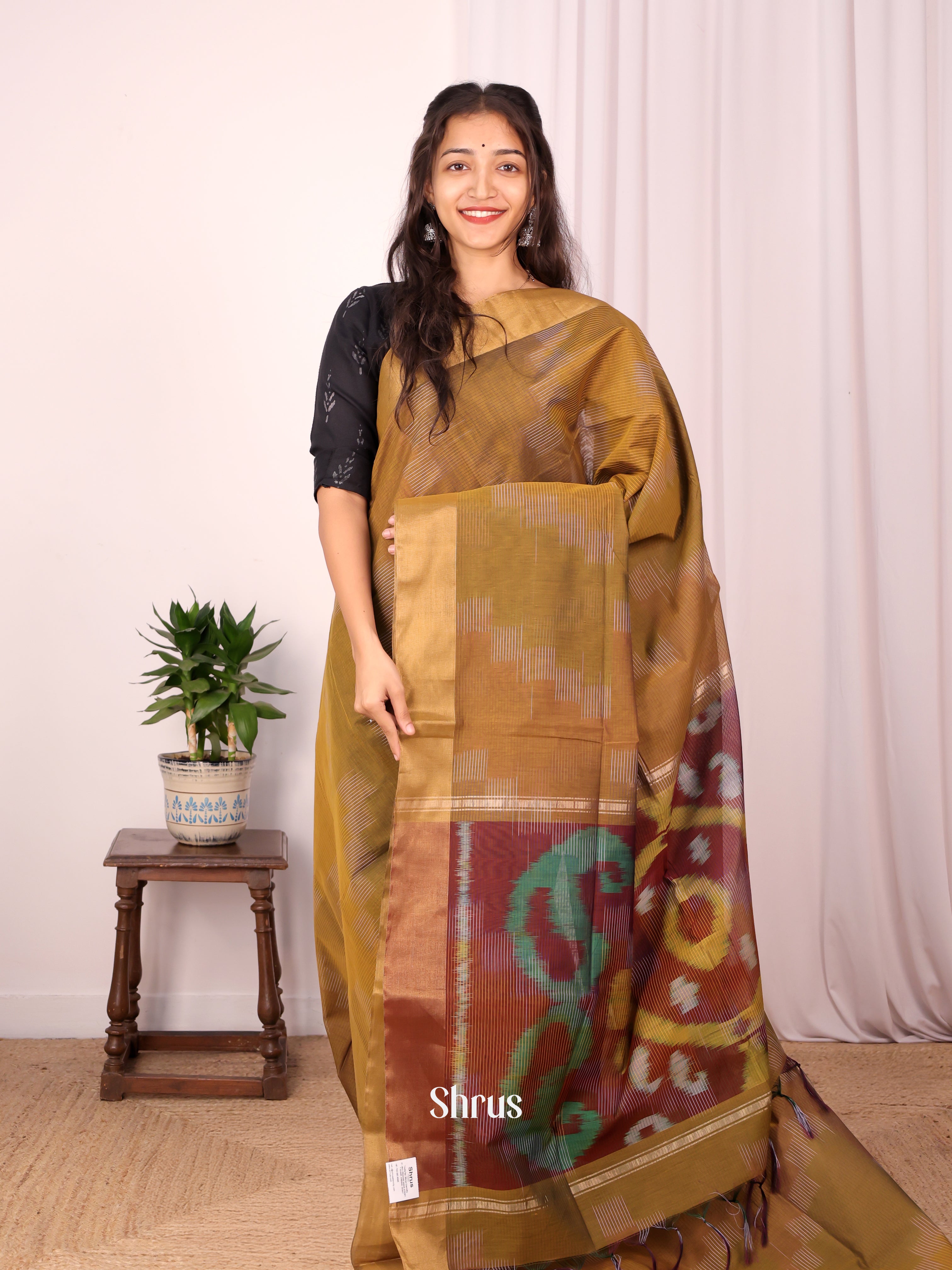 Mehandi & Brown- Ikkat Kora Saree - Shop on Shrus.com