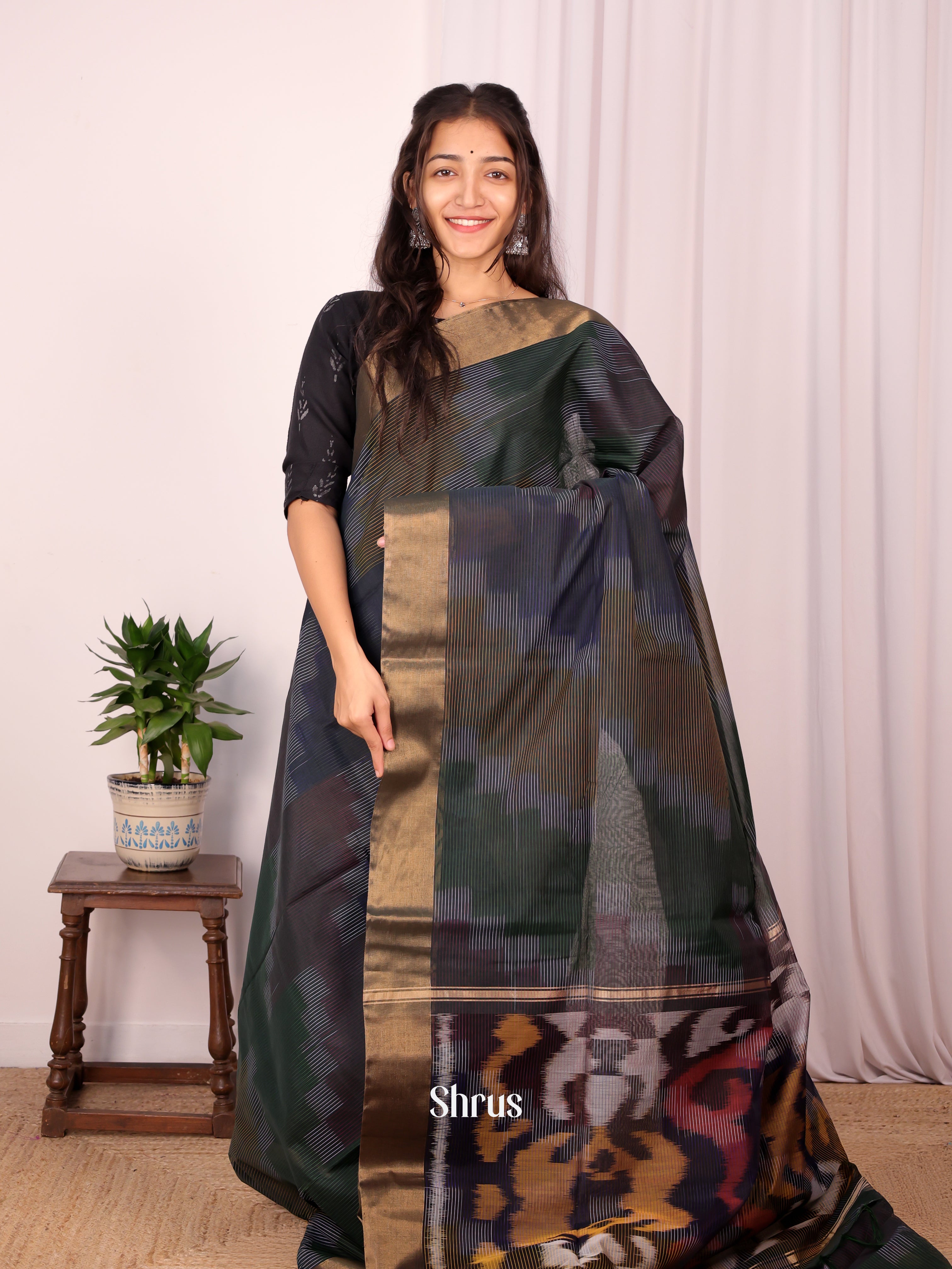 Green & Brown - Ikkat Kora Saree - Shop on Shrus.com
