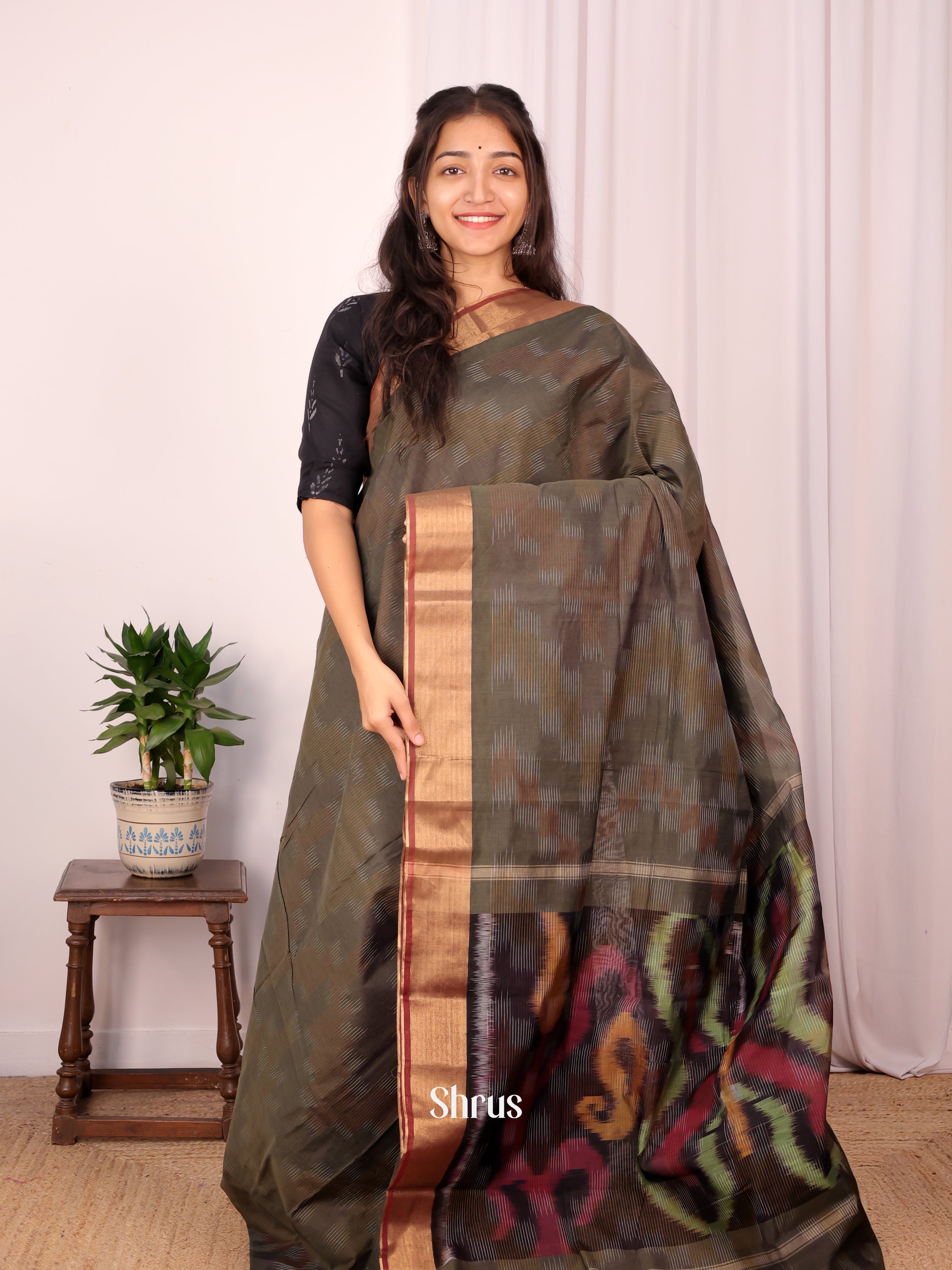 Algae Green & Brown - Ikkat Kora Saree - Shop on Shrus.com
