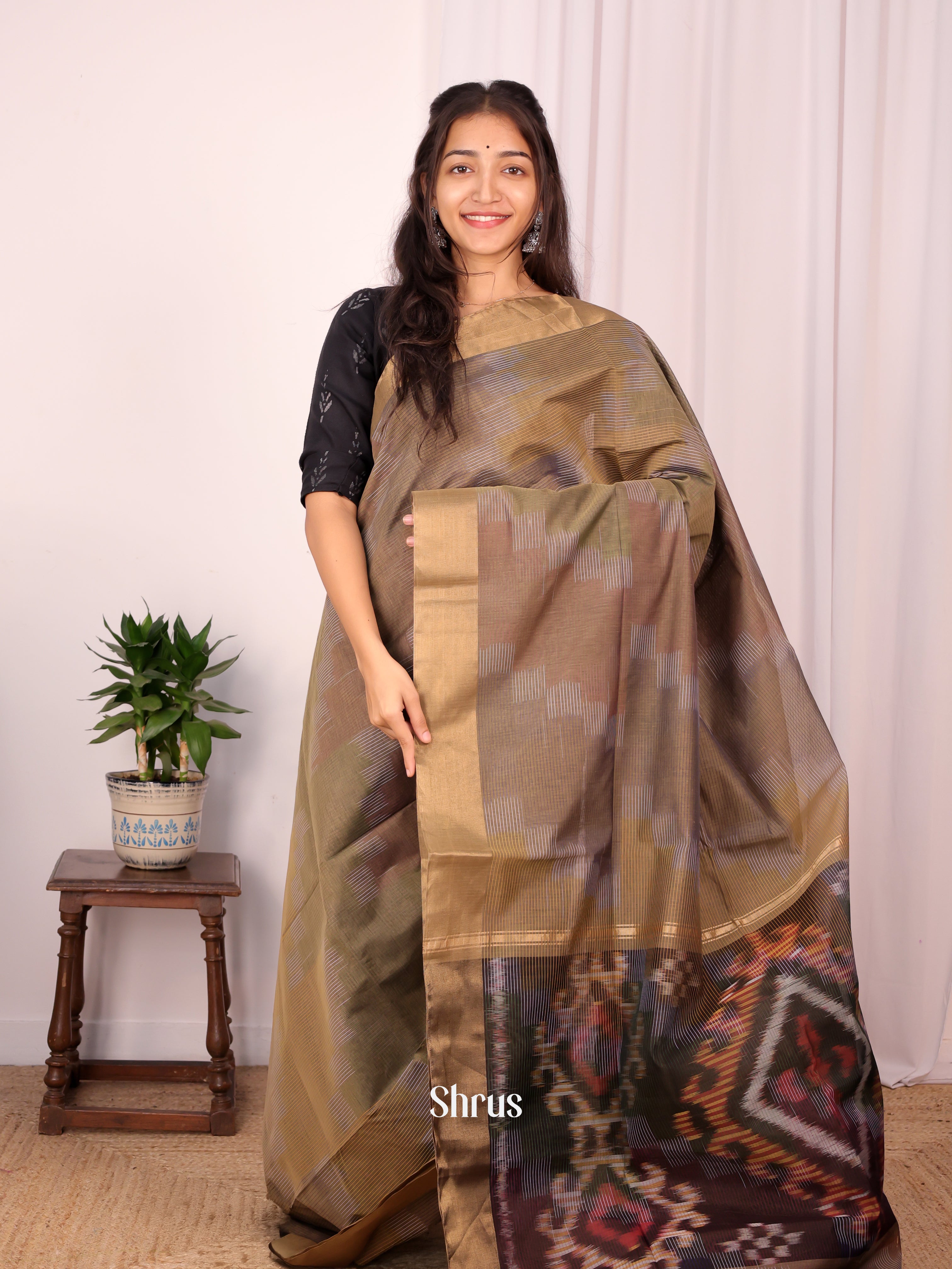 Grey & Brown - Ikkat Kora Saree - Shop on Shrus.com